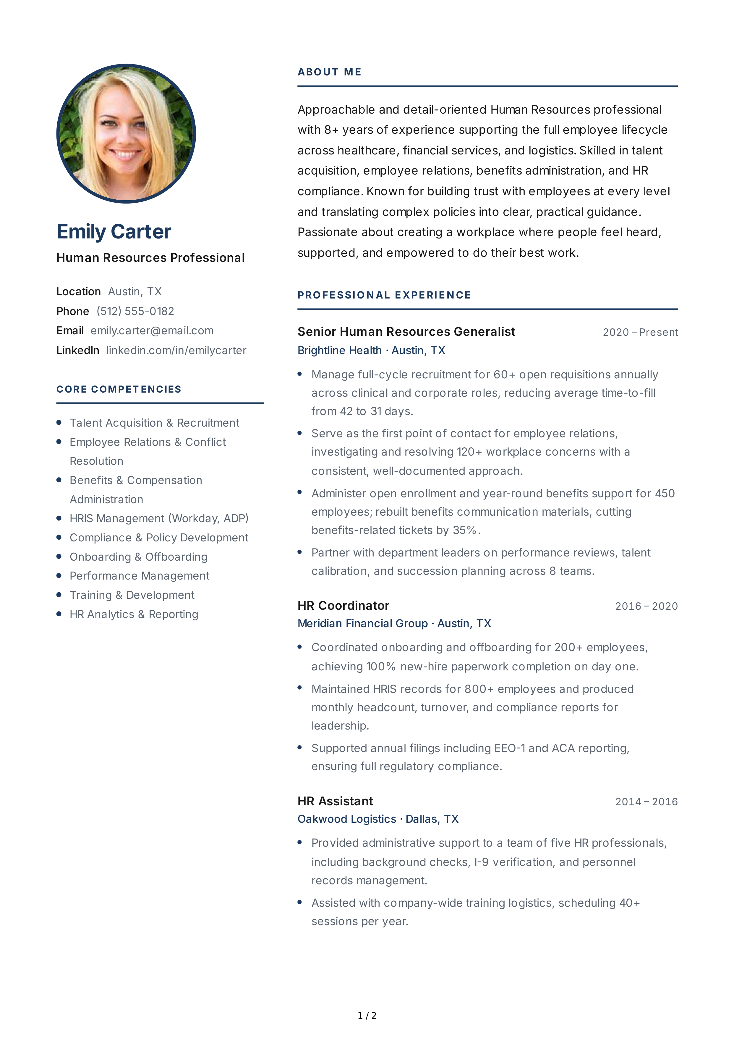 About Me for Human Resources Professional — page 1