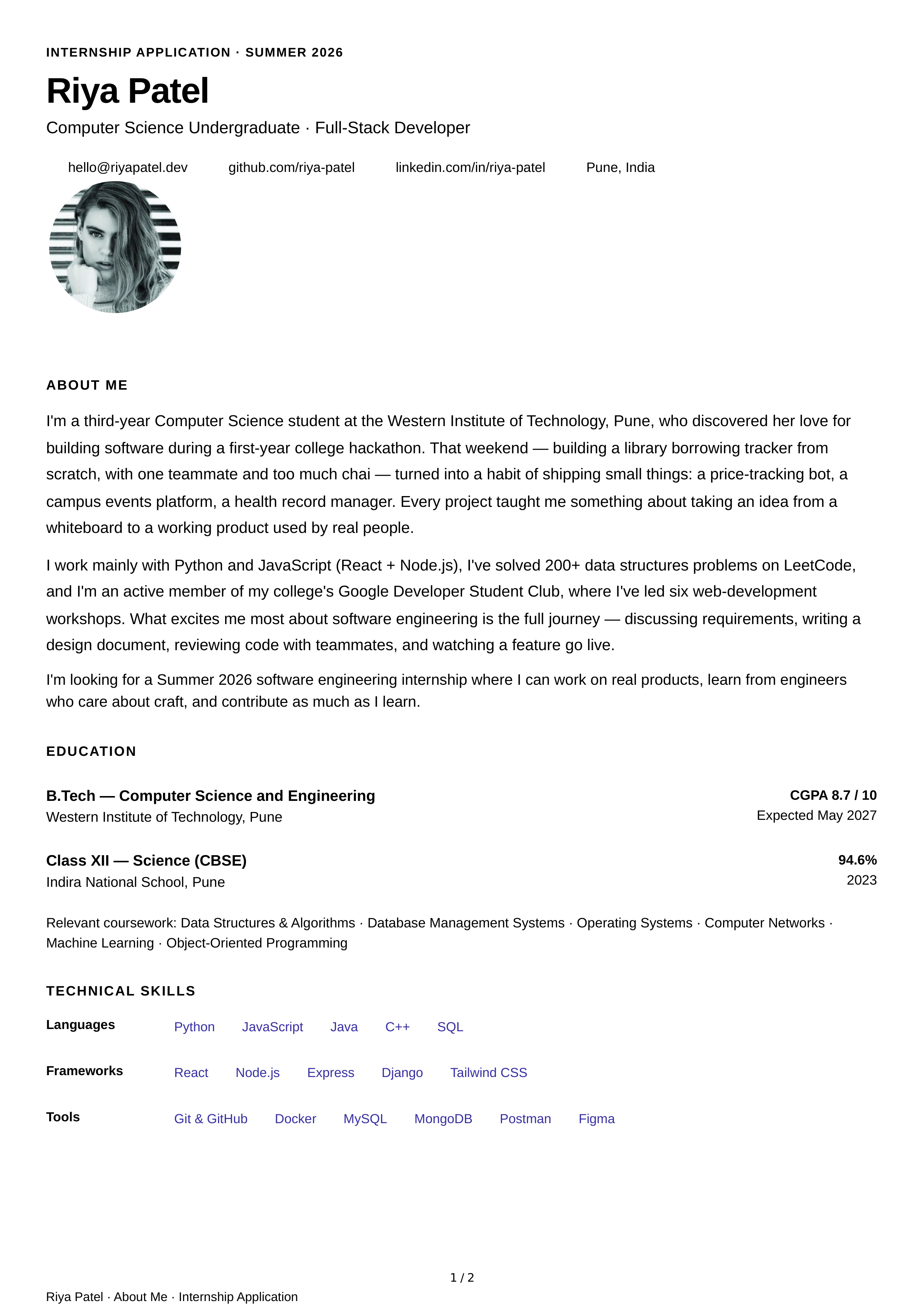 About Me for Internship Application — page 1