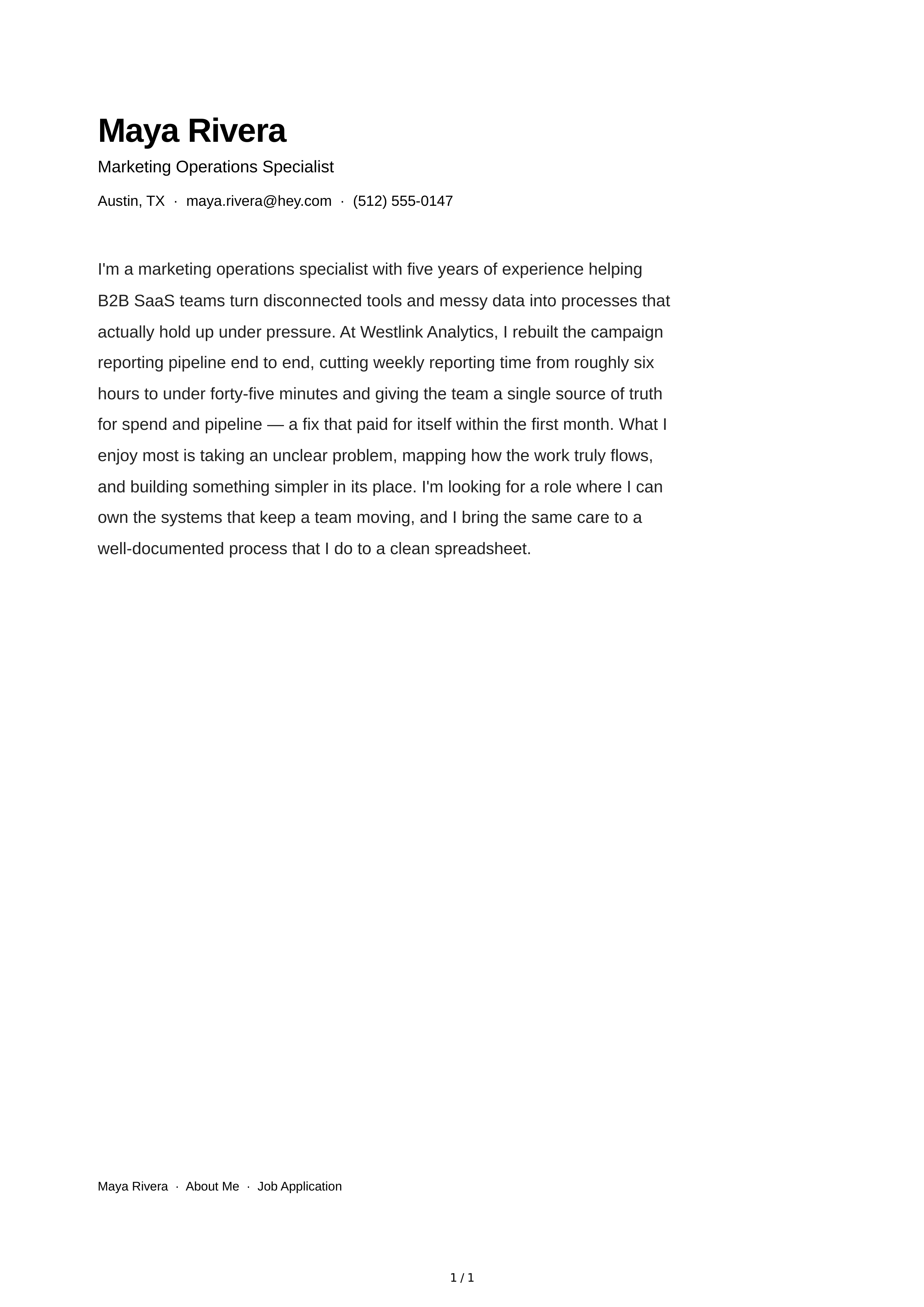 About Me for Job Application — page 1