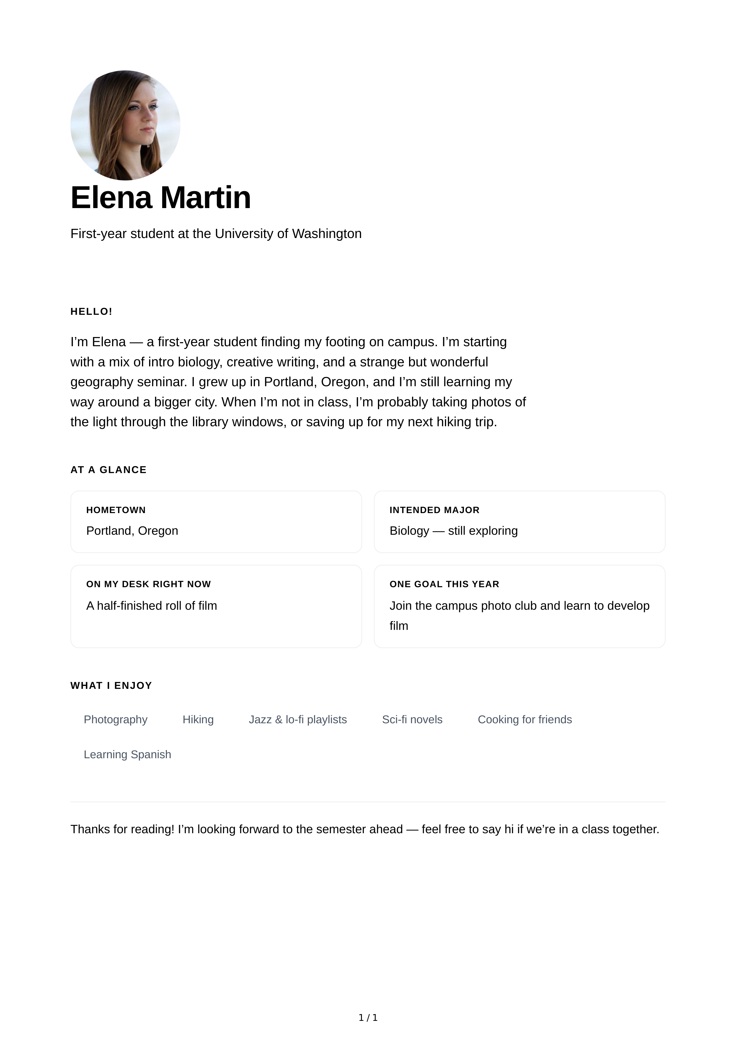 About Me for New Student — page 1
