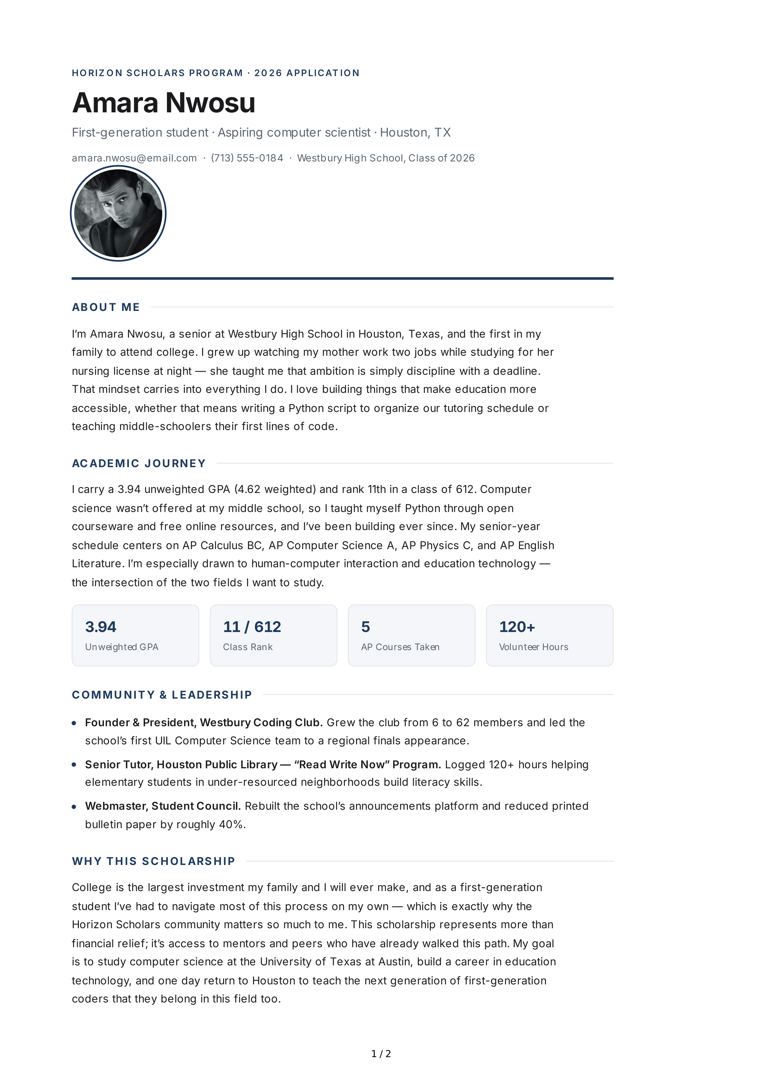About Me for Scholarship Application — page 1