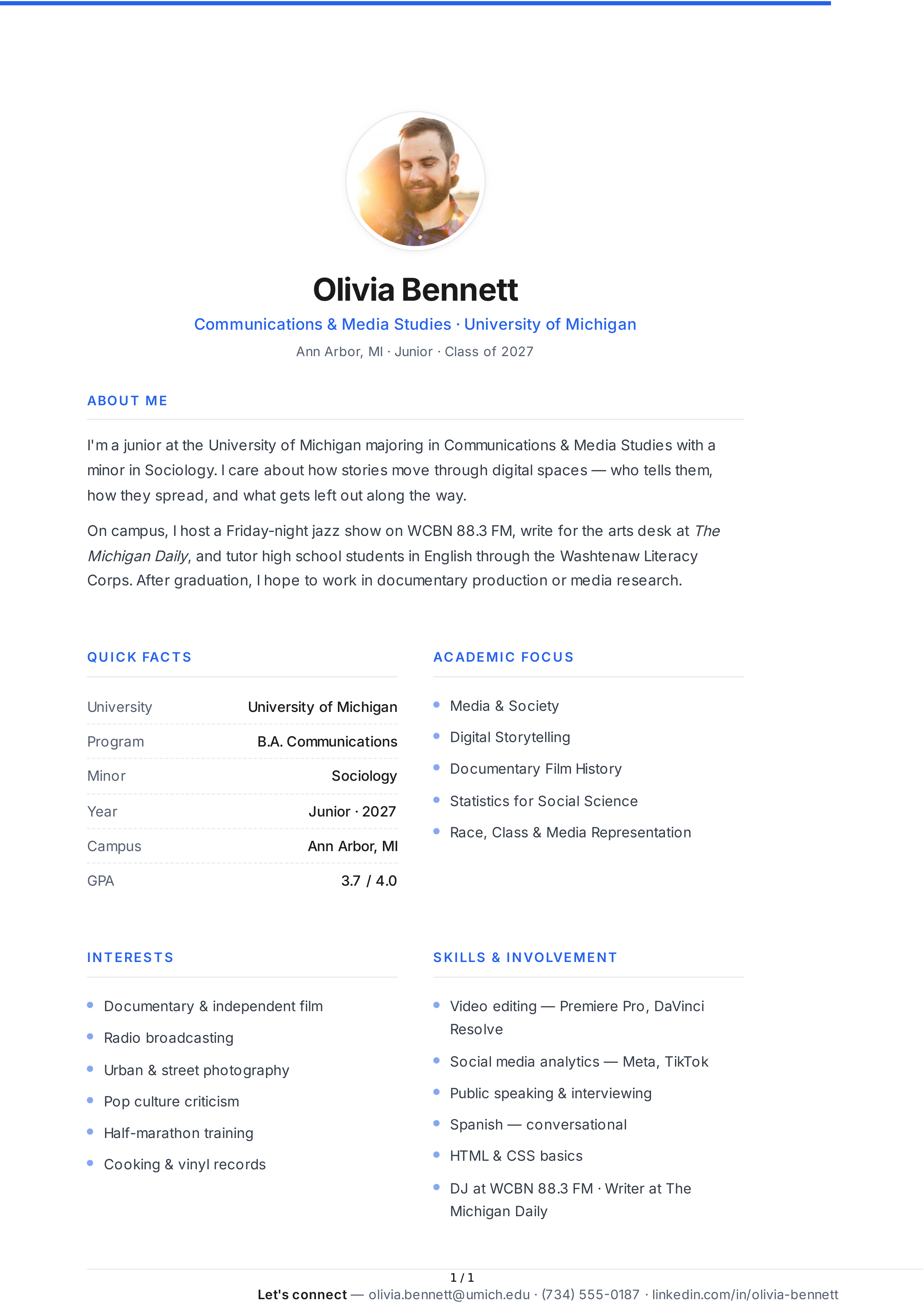 About Me for University Student — page 1