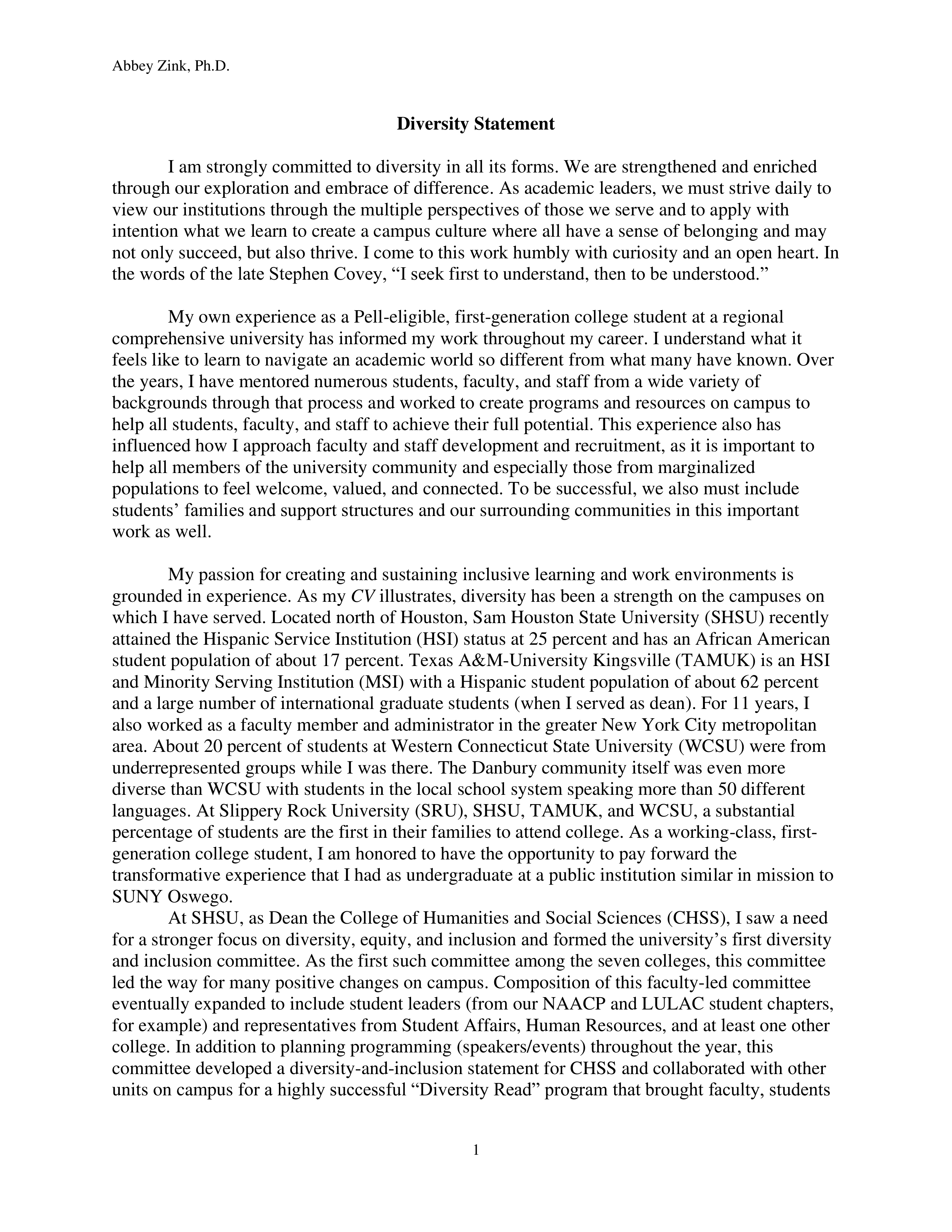 Academic Leadership Diversity Statement — page 1