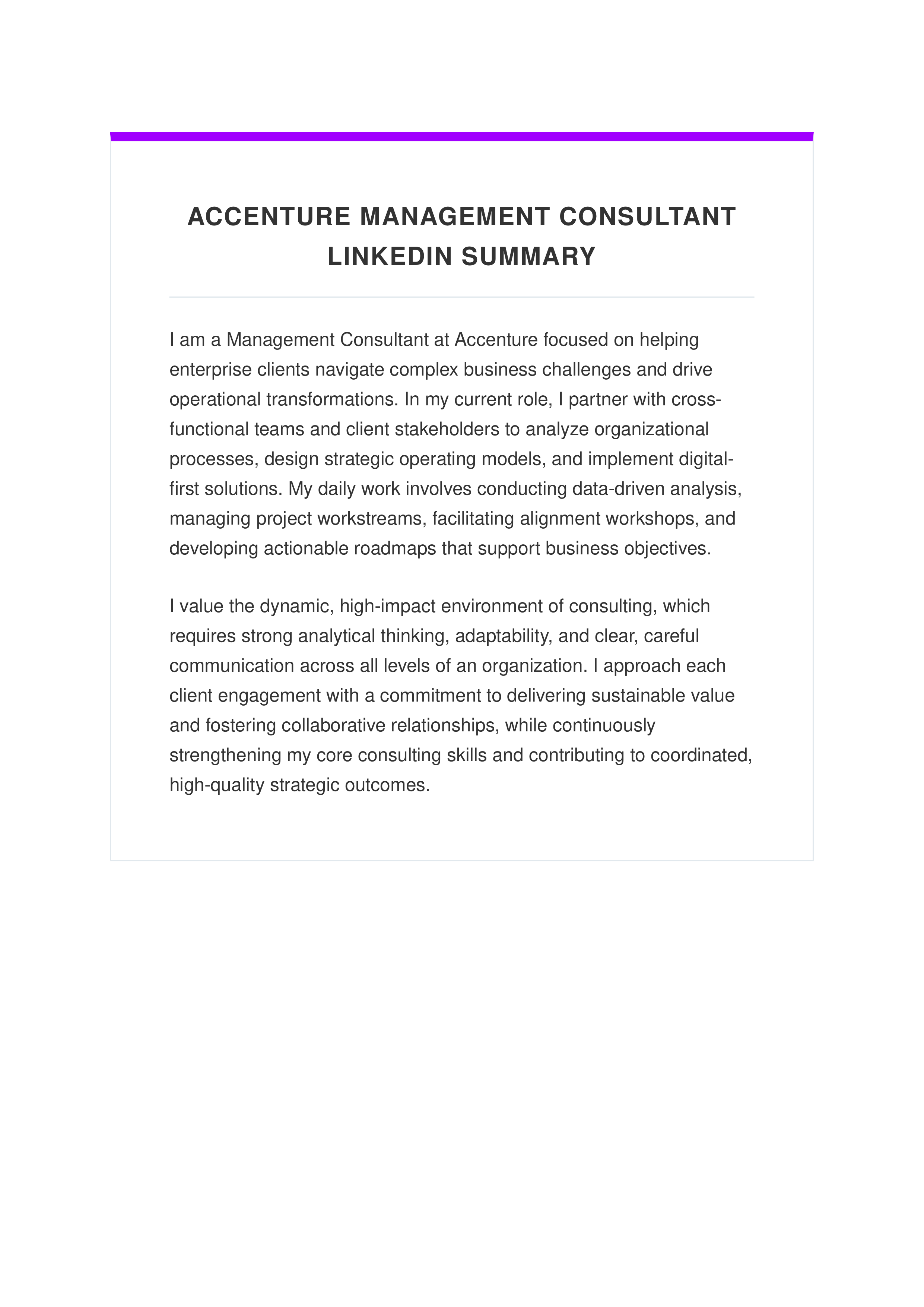 Accenture Management Consultant LinkedIn Summary — page 1