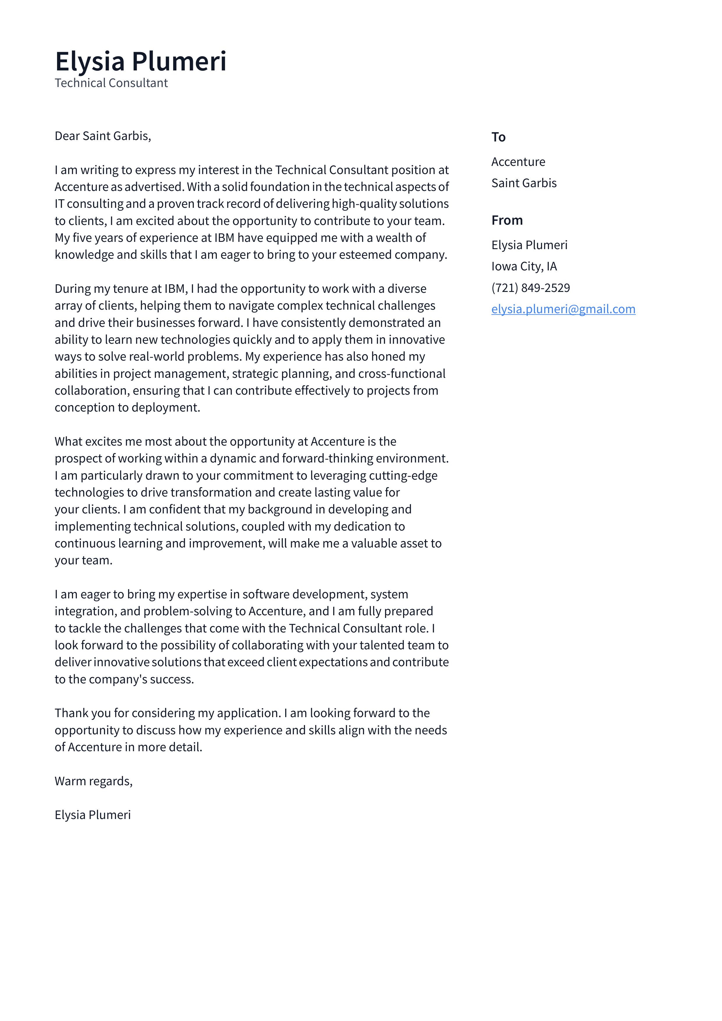 Accenture Technology Consultant Cover Letter — page 1