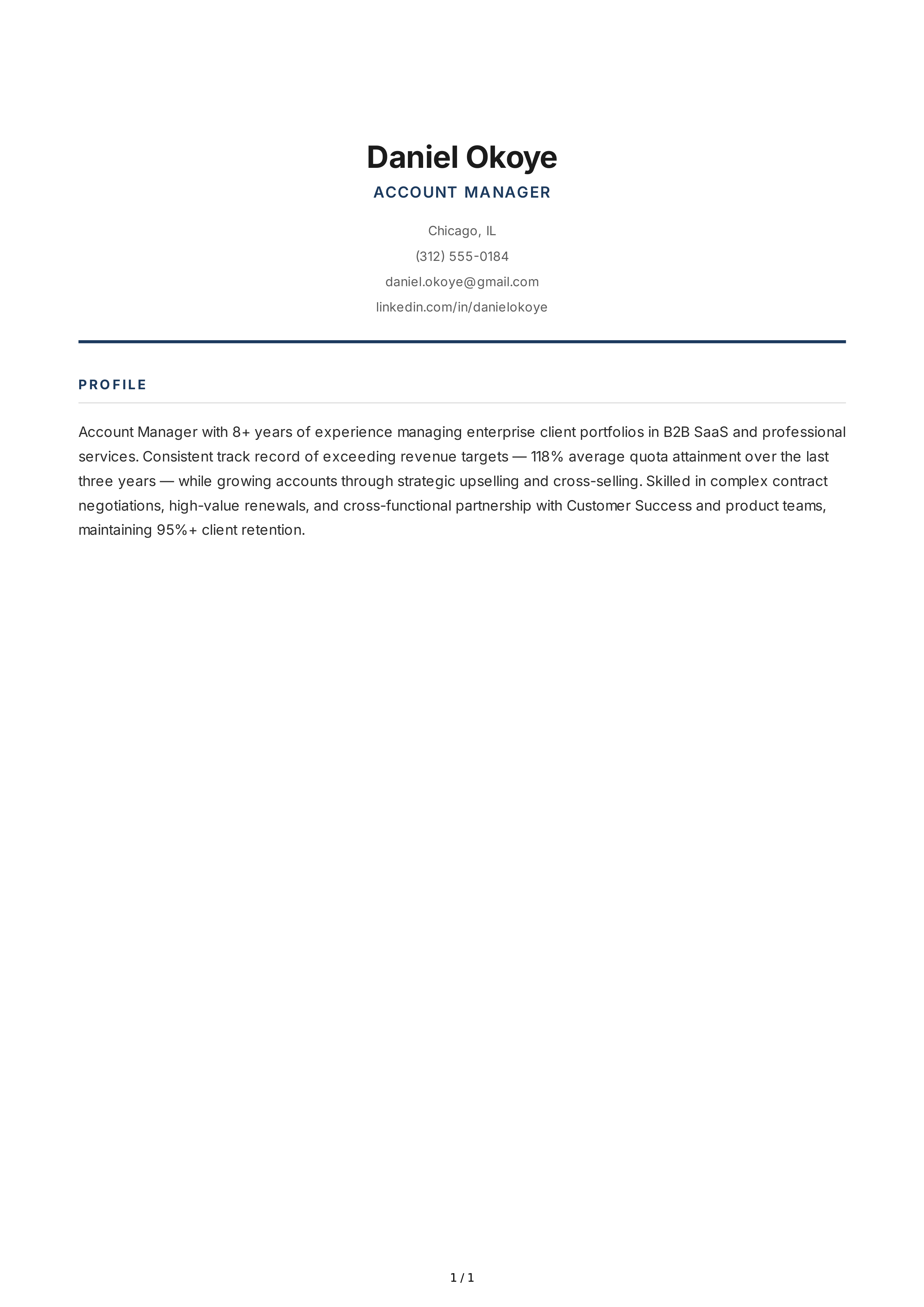 Account Manager Resume Profile — page 1