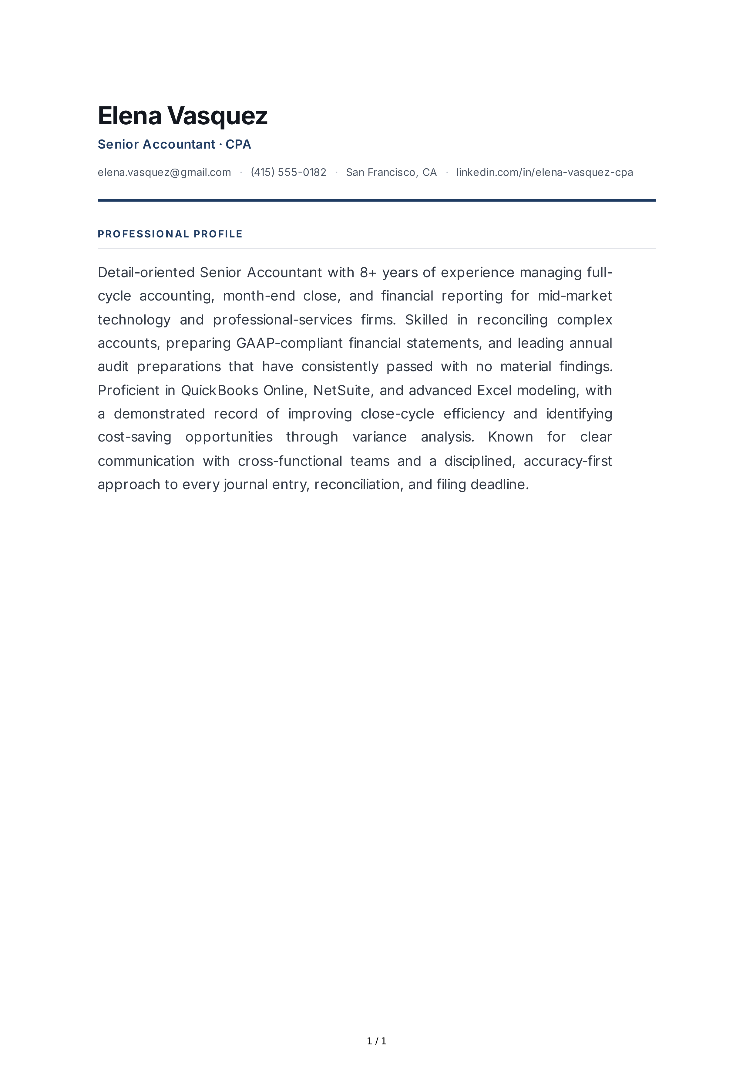 Accountant Resume Profile — page 1