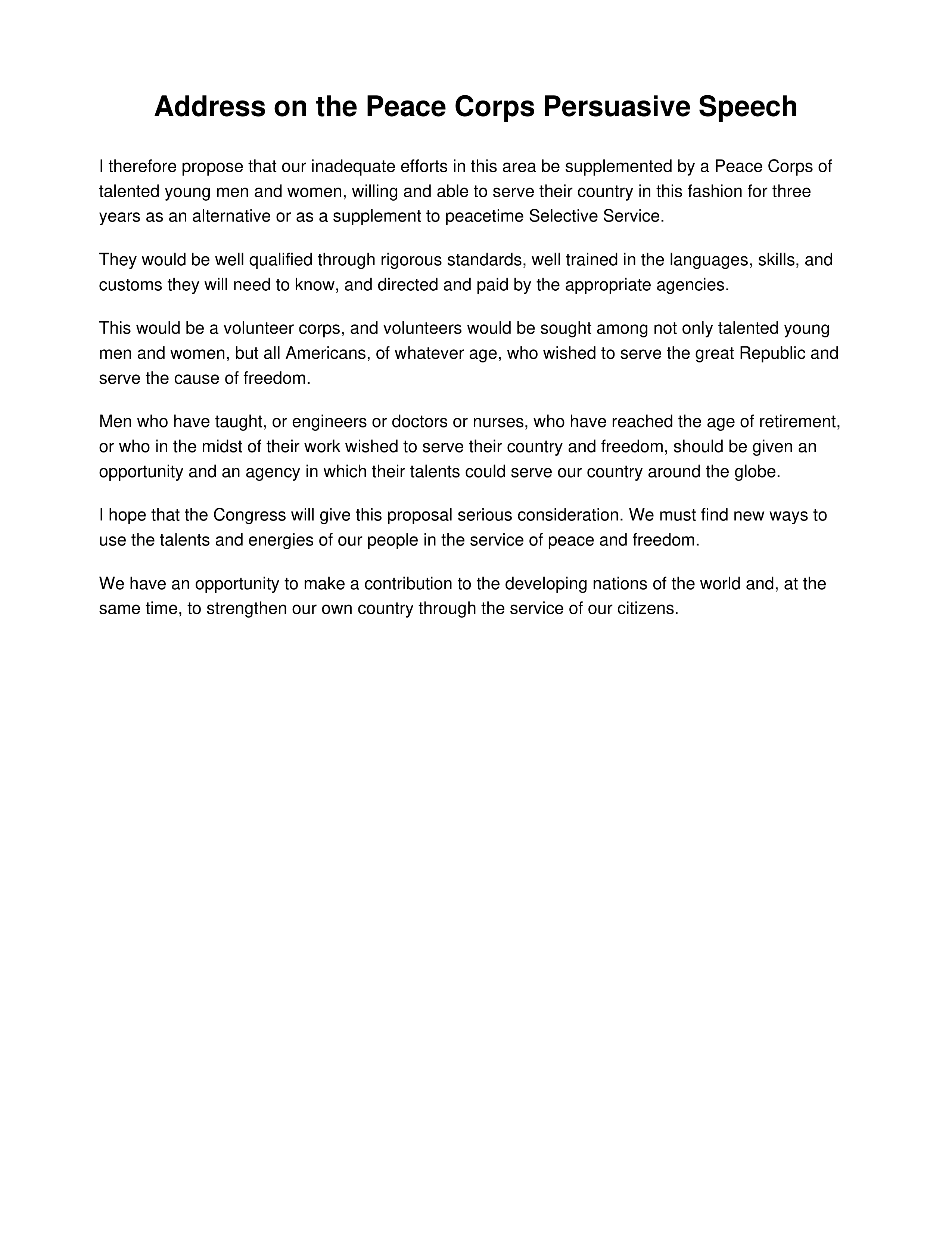 Address on the Peace Corps Persuasive Speech — page 1