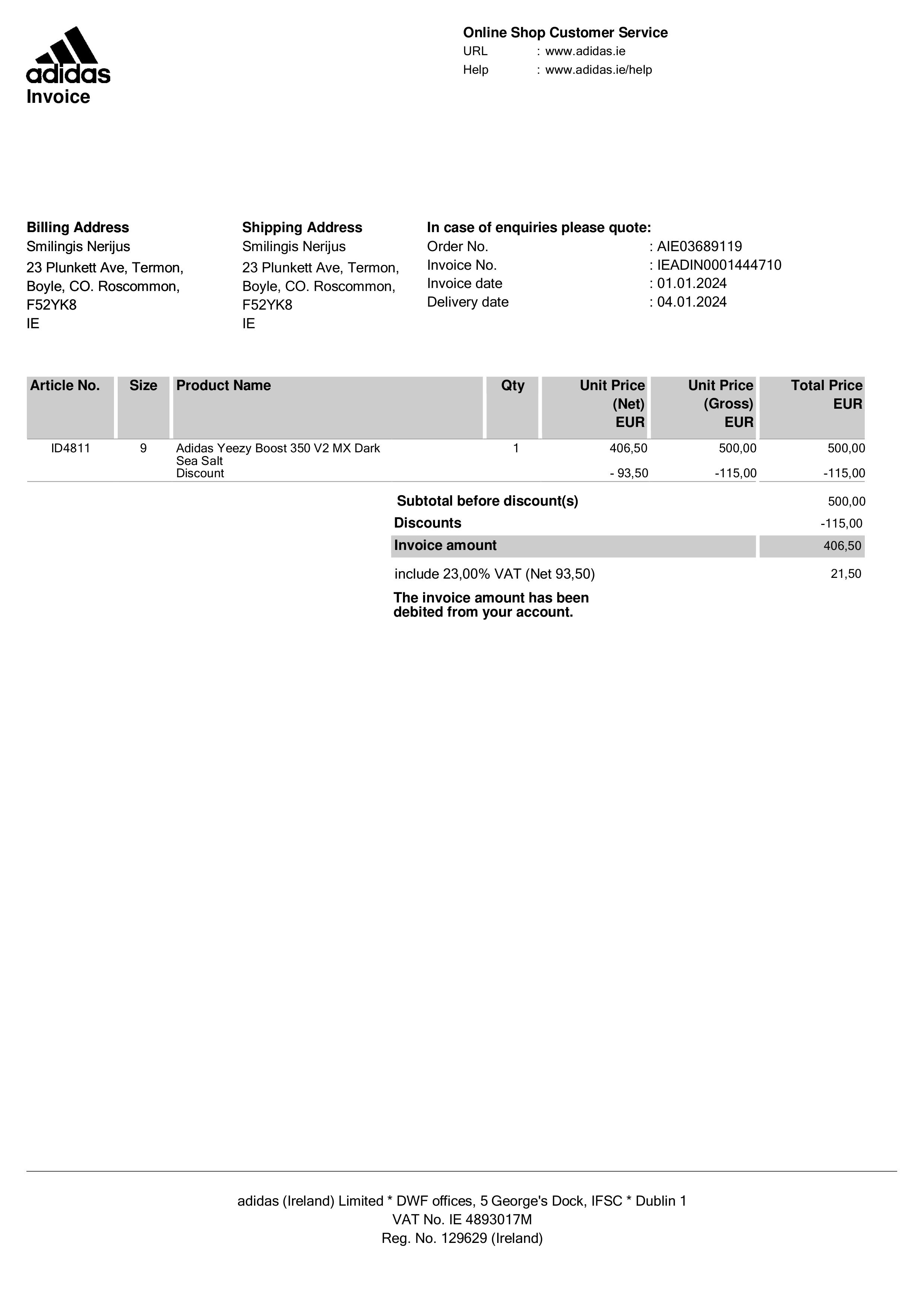 Adidas Online Store Invoice — page 1