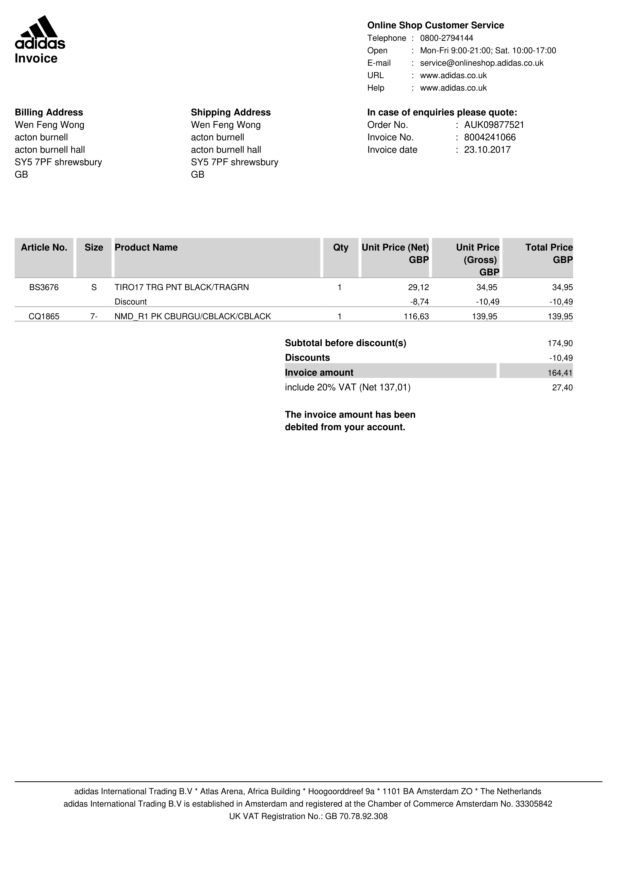 Adidas Retail Invoice — page 1