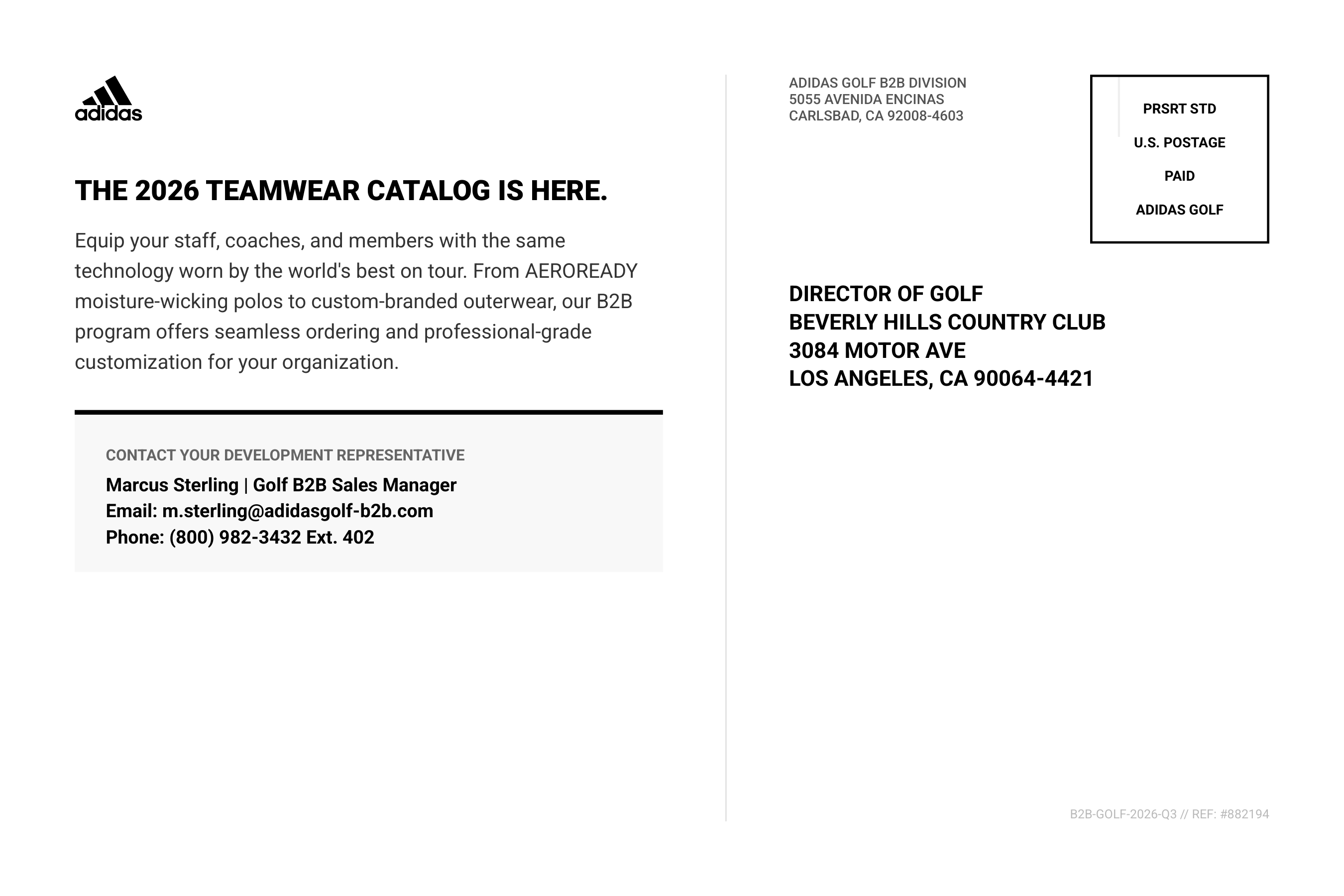 Adidas Welcome to the Sport B2B Golf Team Outreach Postcard — page 2