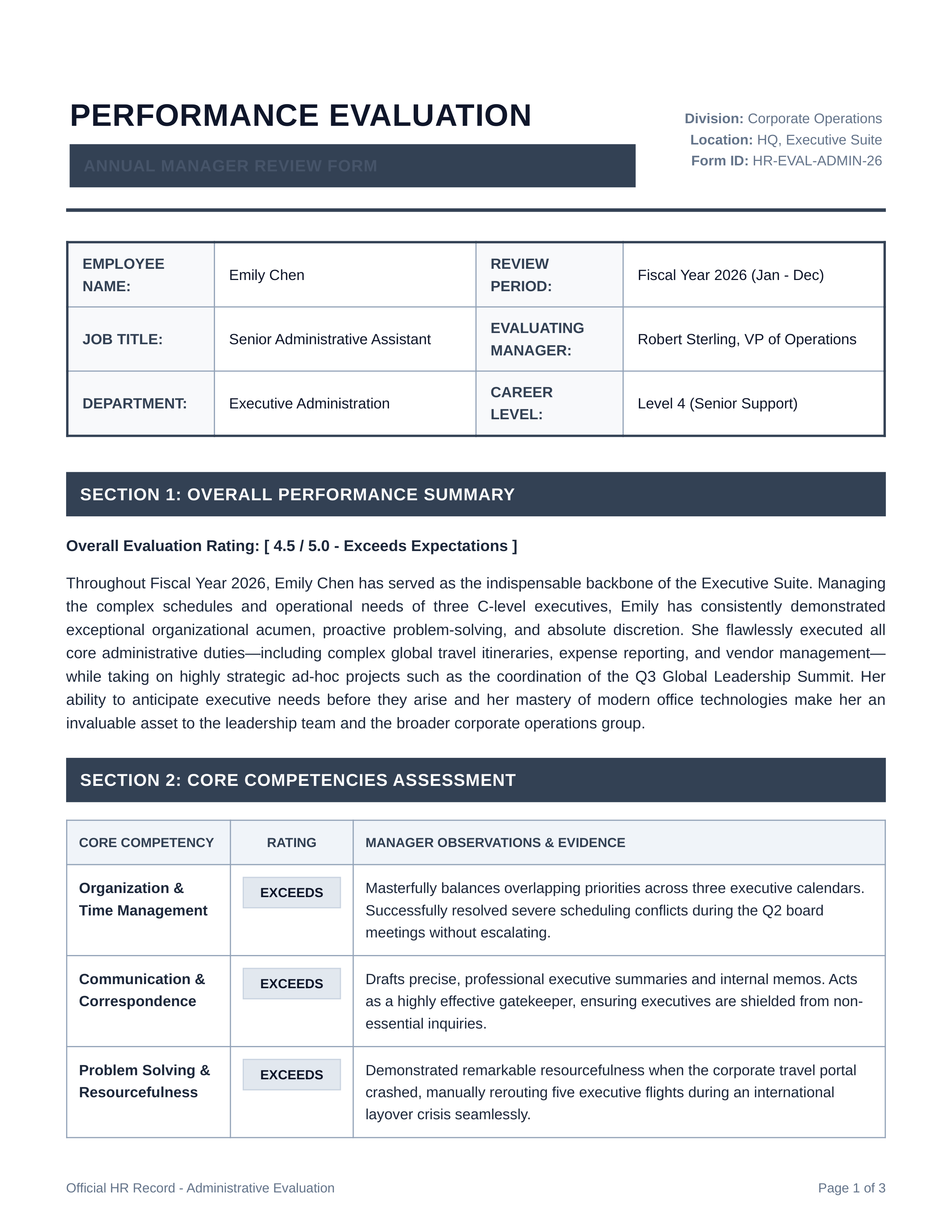 Administrative Assistant Performance Review — page 1