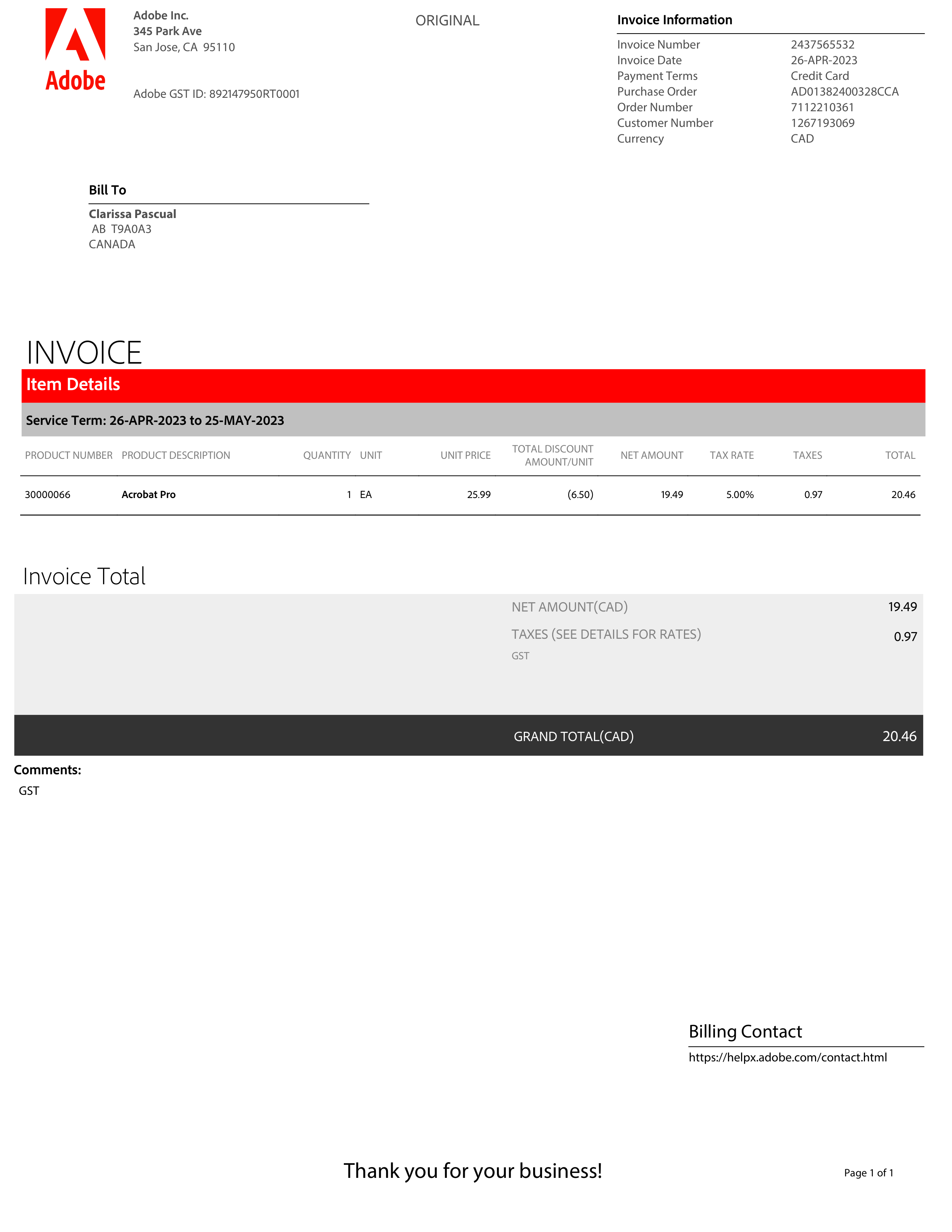 Adobe Acrobat Pro Subscription Invoice — page 1