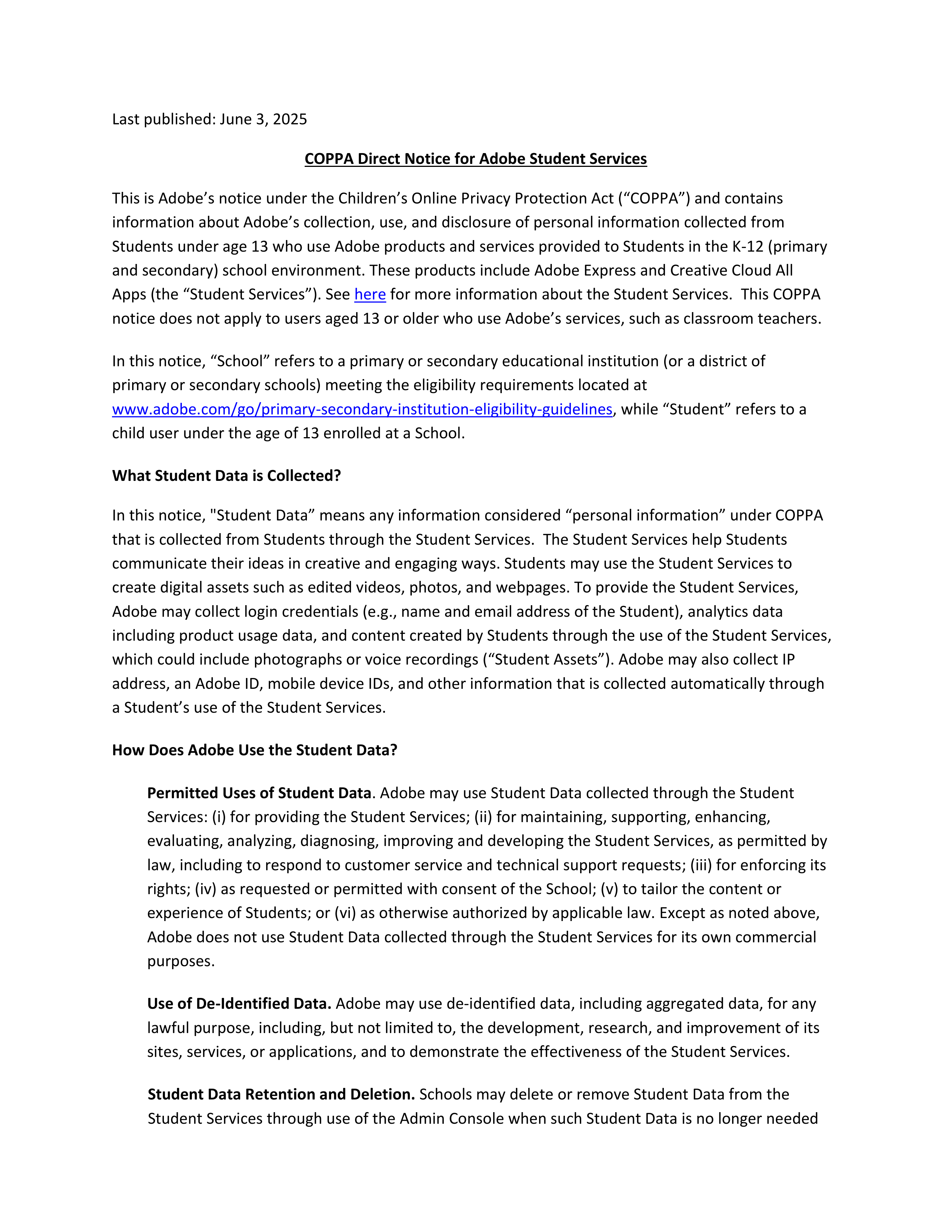 Adobe COPPA Direct Notice for Student Services — page 1