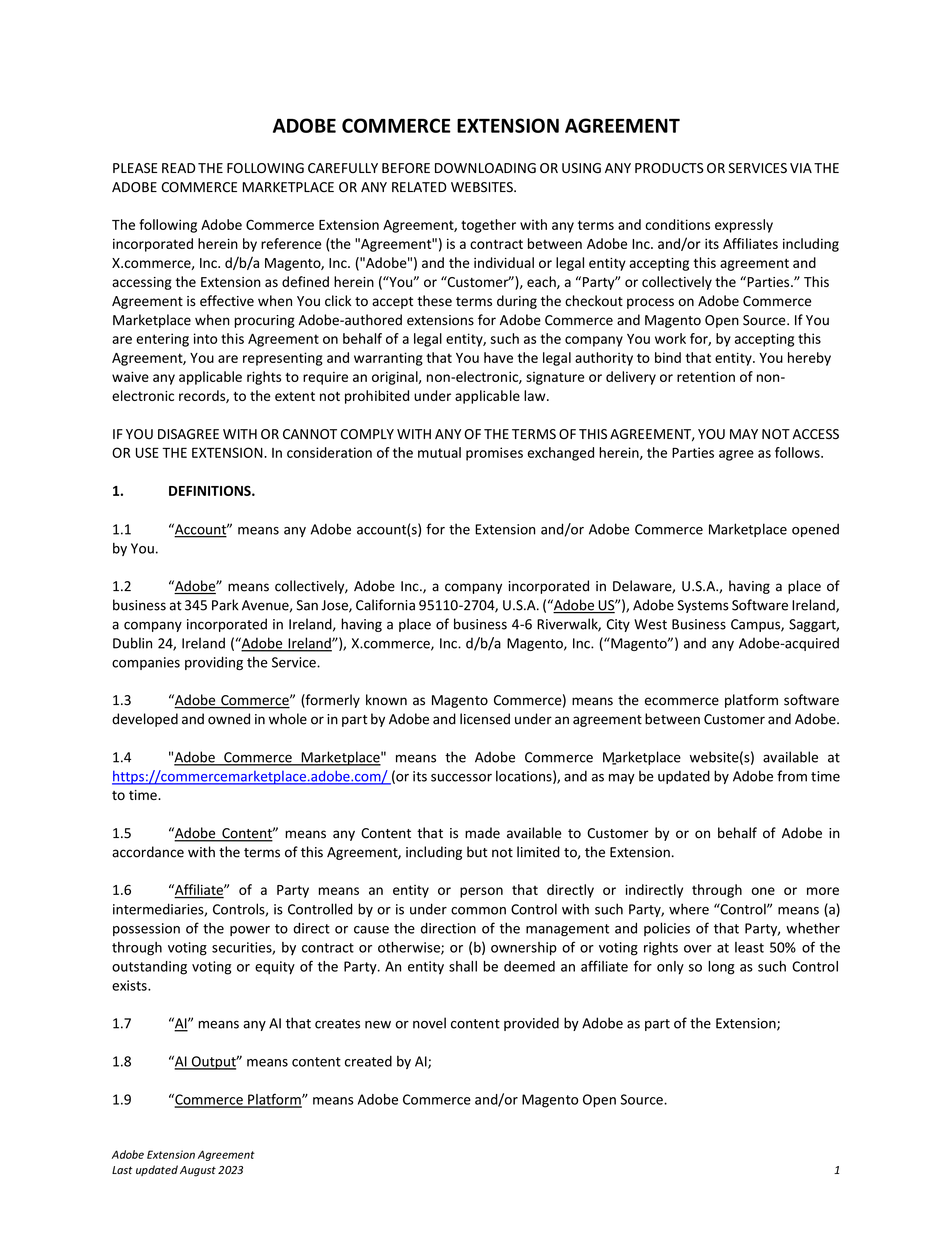 Adobe Commerce Extension Agreement — page 1
