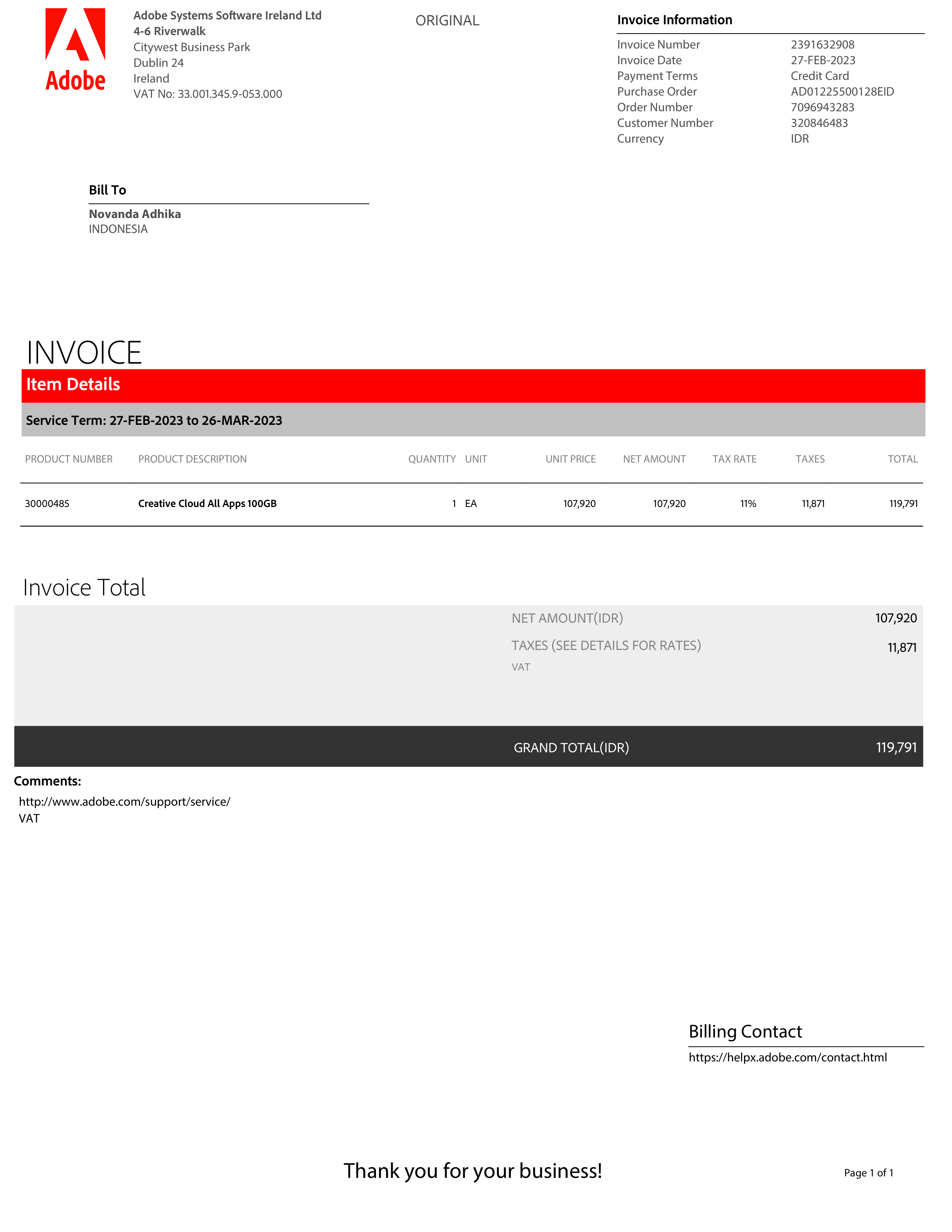 Adobe Creative Cloud Invoice — page 1