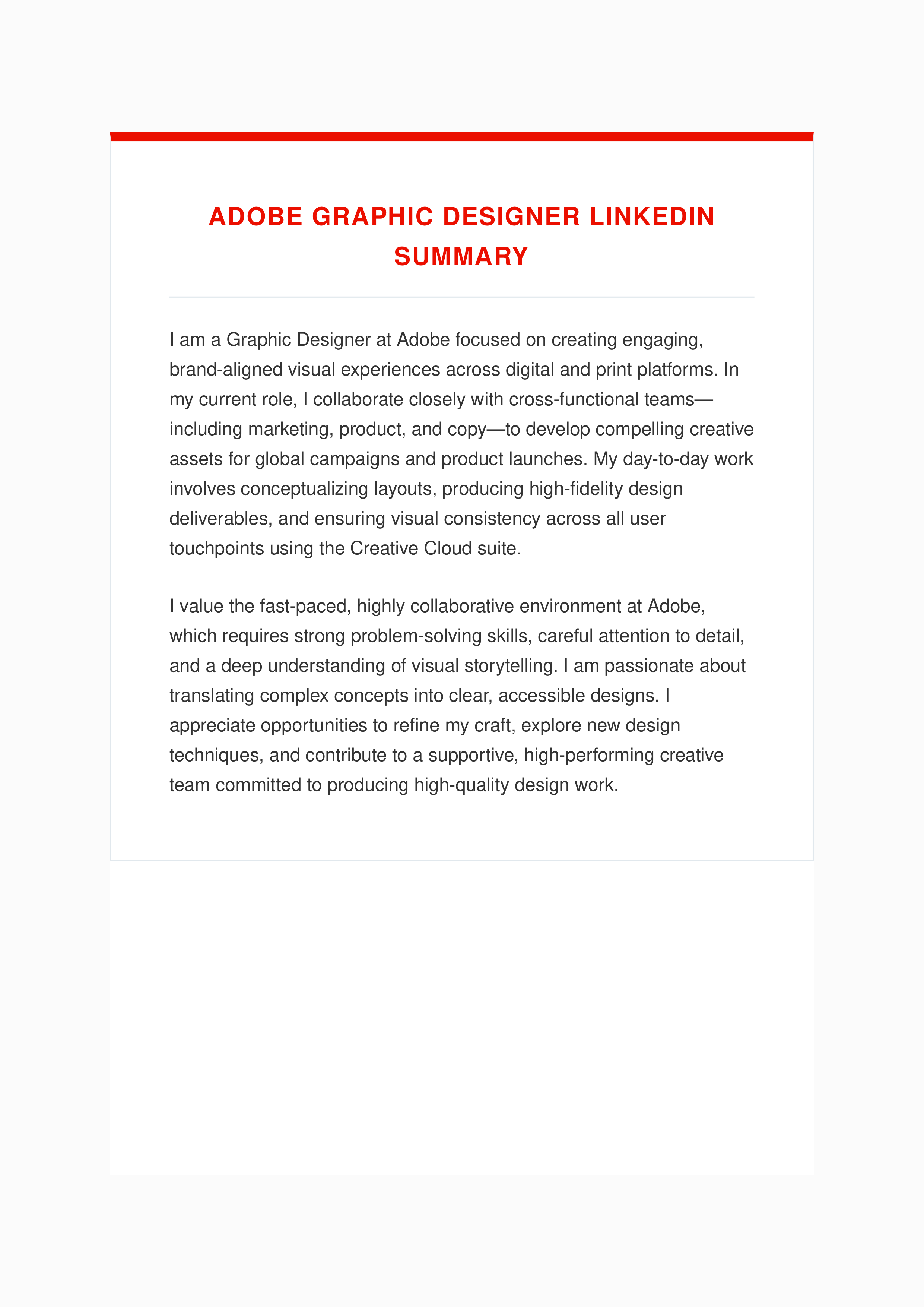 Adobe Graphic Designer LinkedIn Summary — page 1
