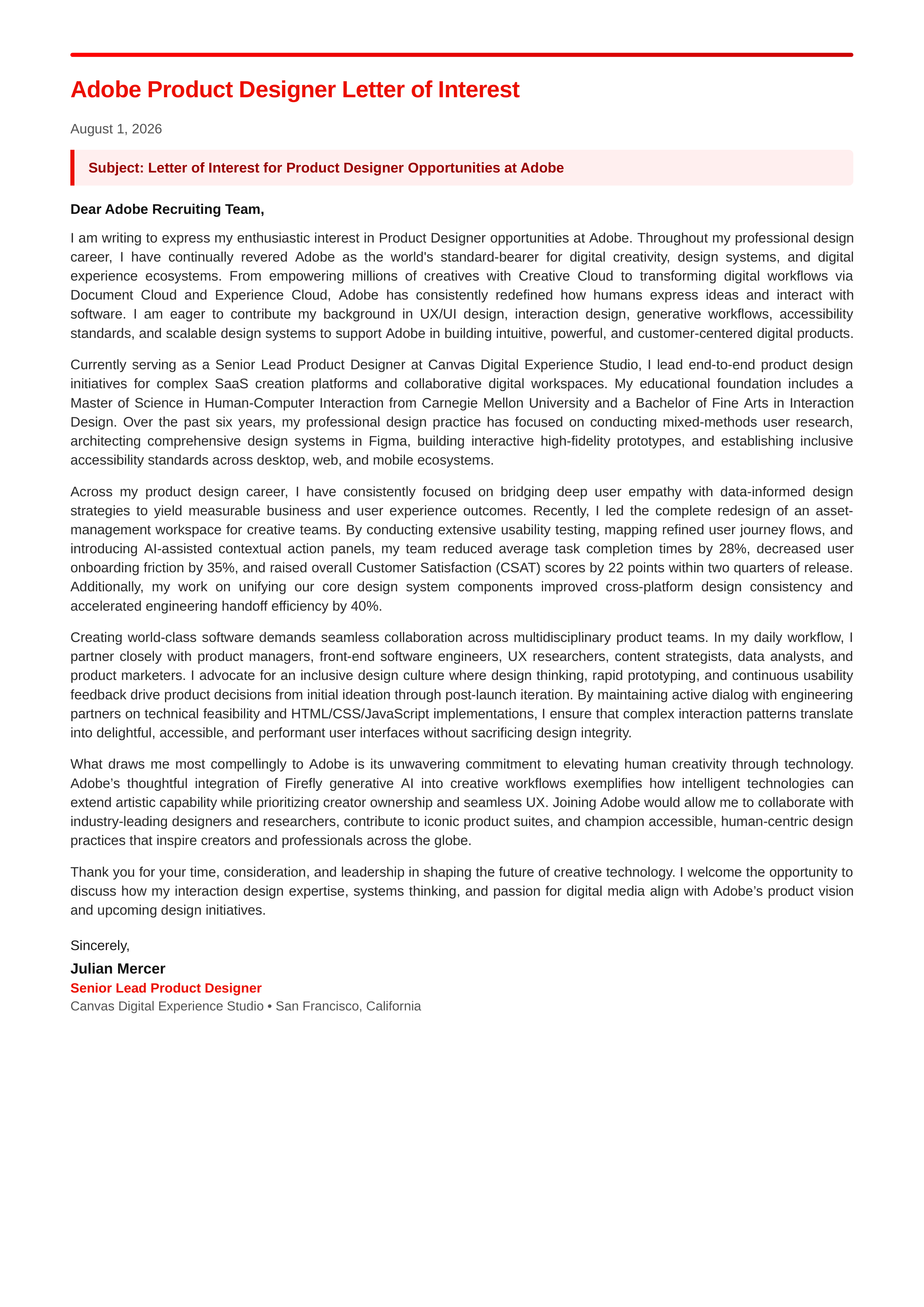 Adobe Product Designer Letter of Interest — page 1