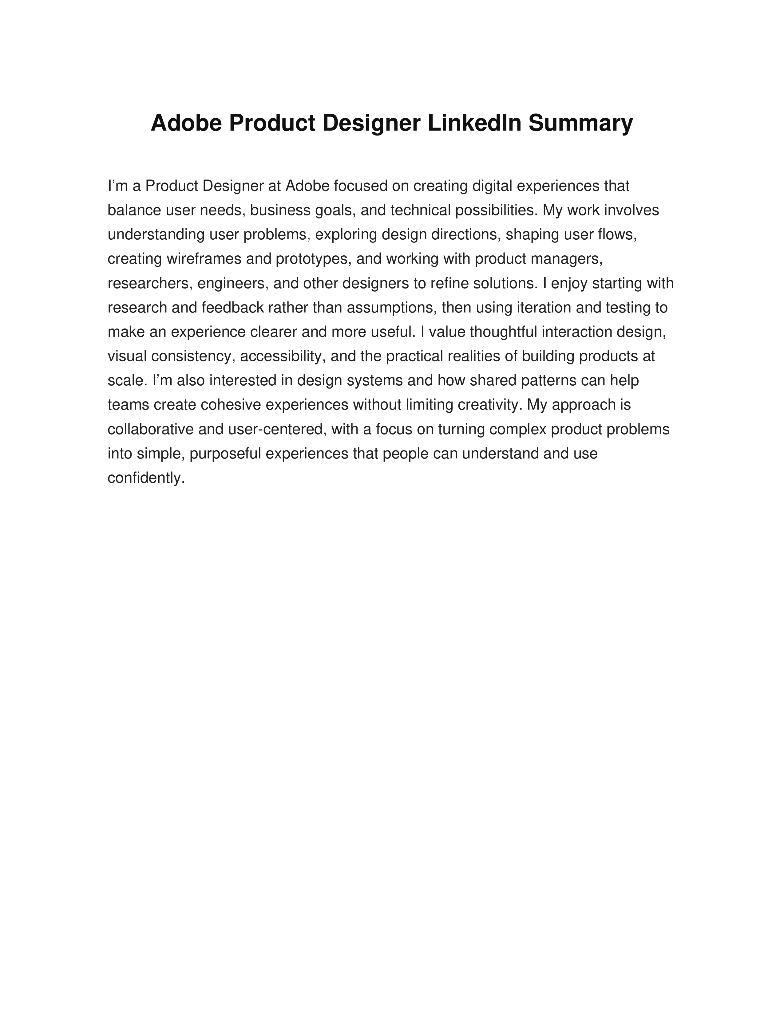 Adobe Product Designer LinkedIn Summary — page 1