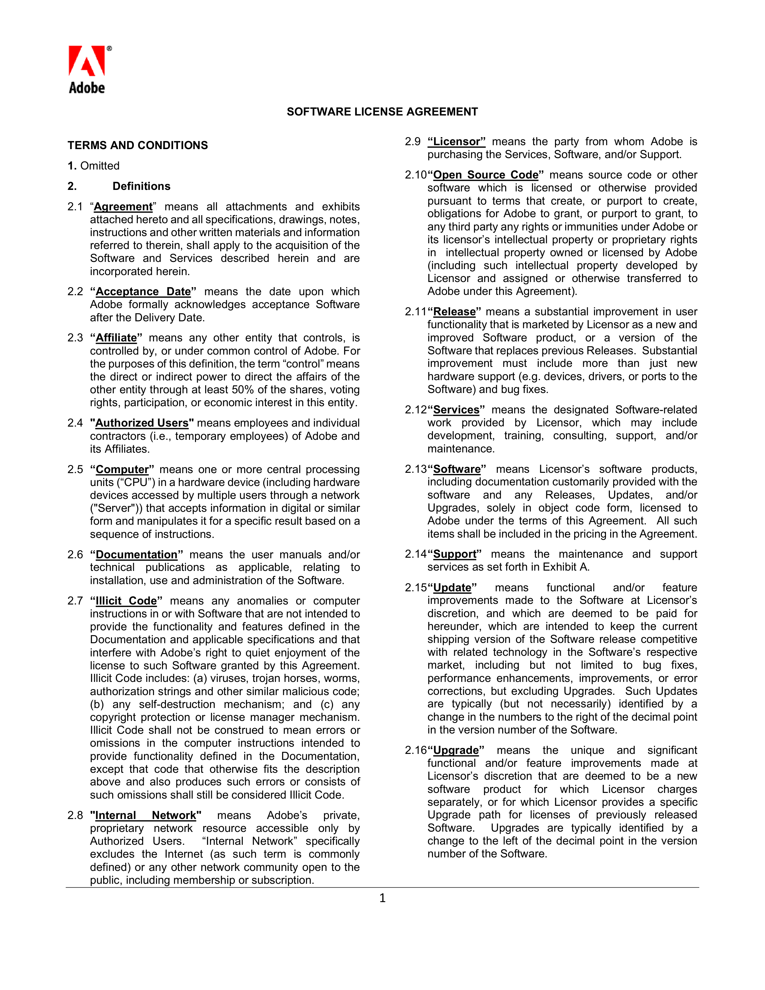 Adobe Software License Agreement — page 1