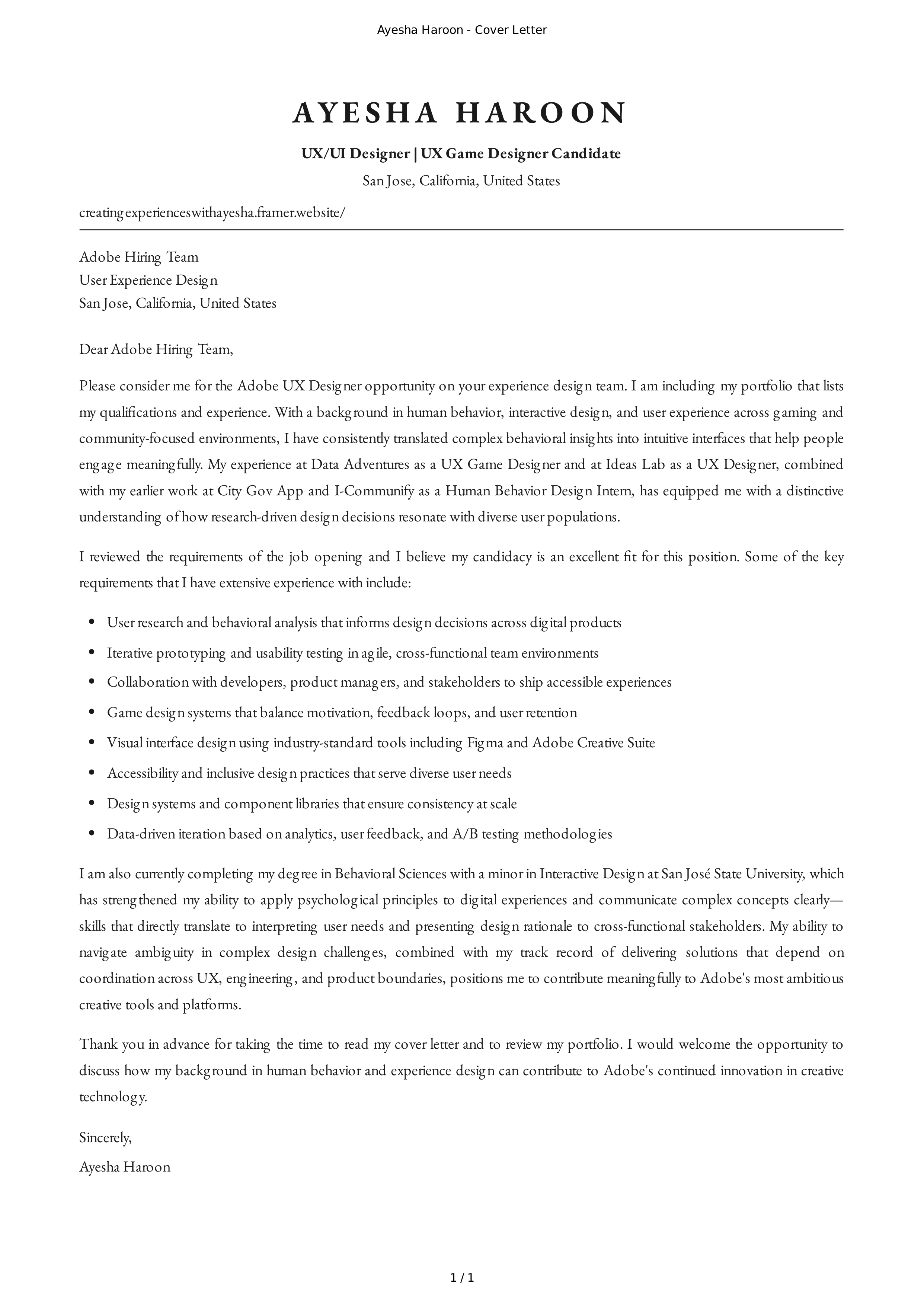 Adobe UX Designer Cover Letter — page 1