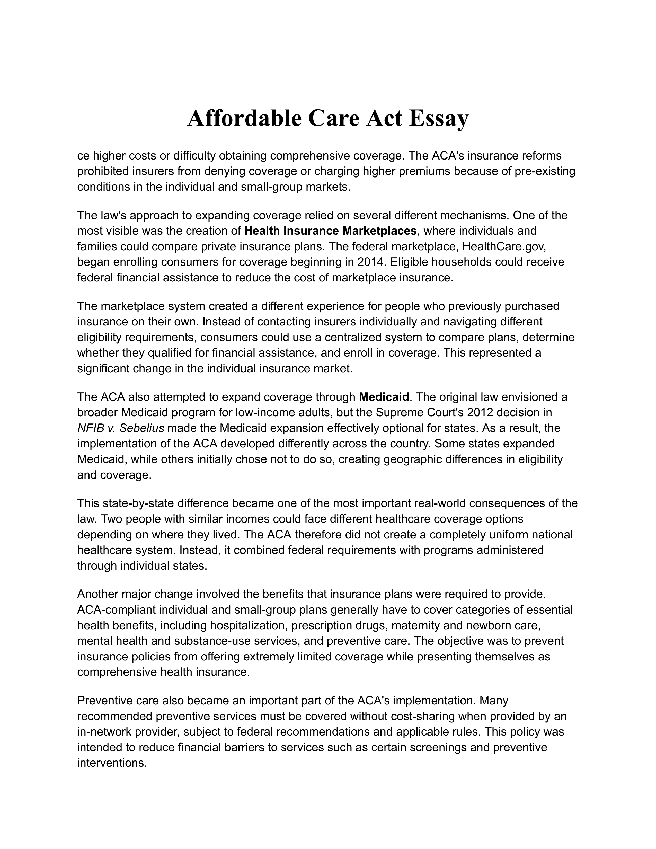 Affordable Care Act Essay — page 1