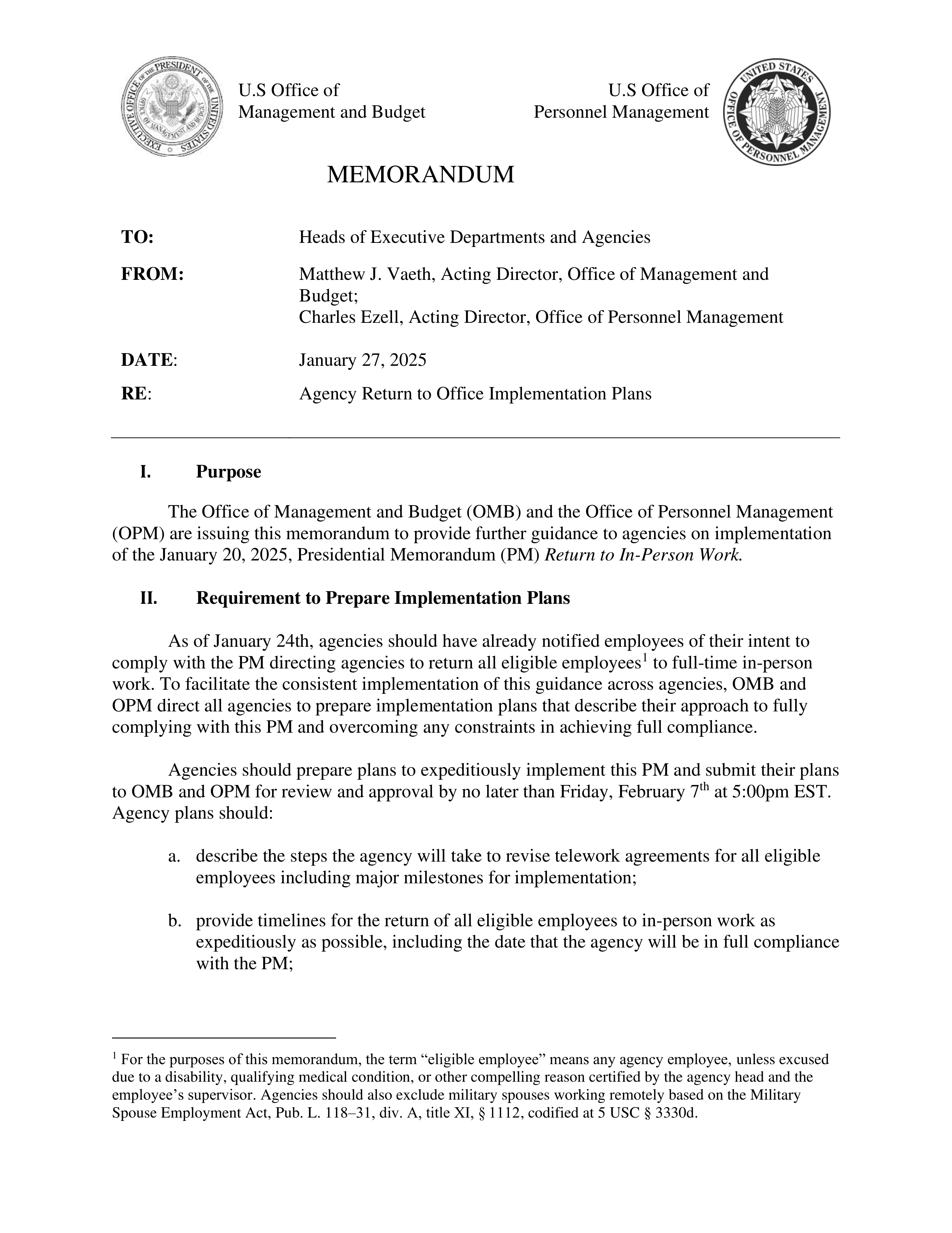 Agency Return to Office Implementation Plans Memo — page 1