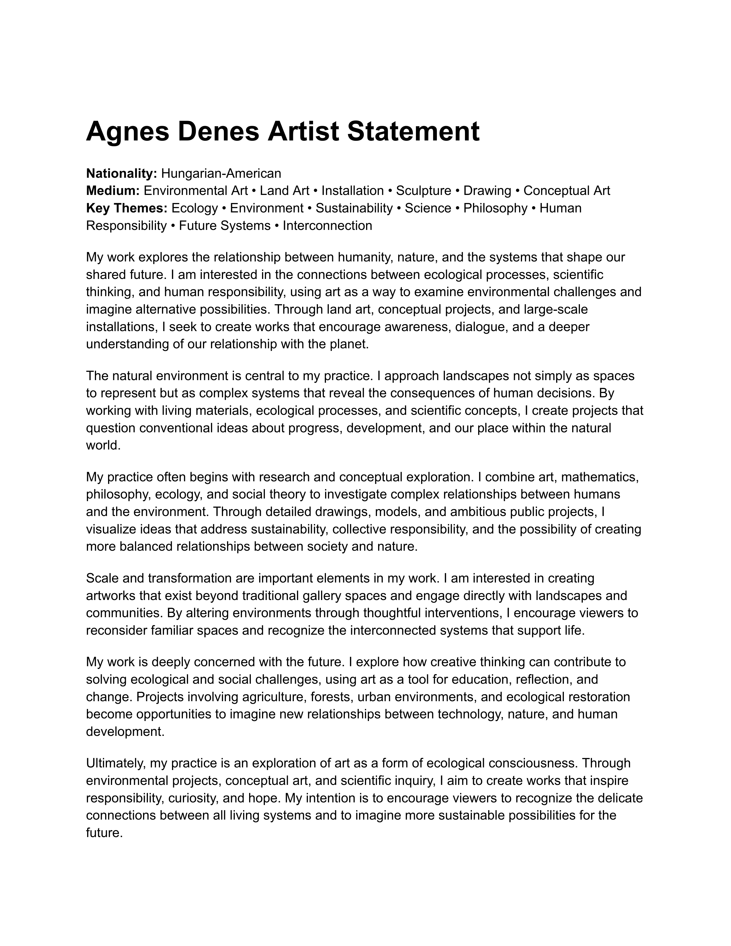 Agnes Denes Artist Statement — page 1