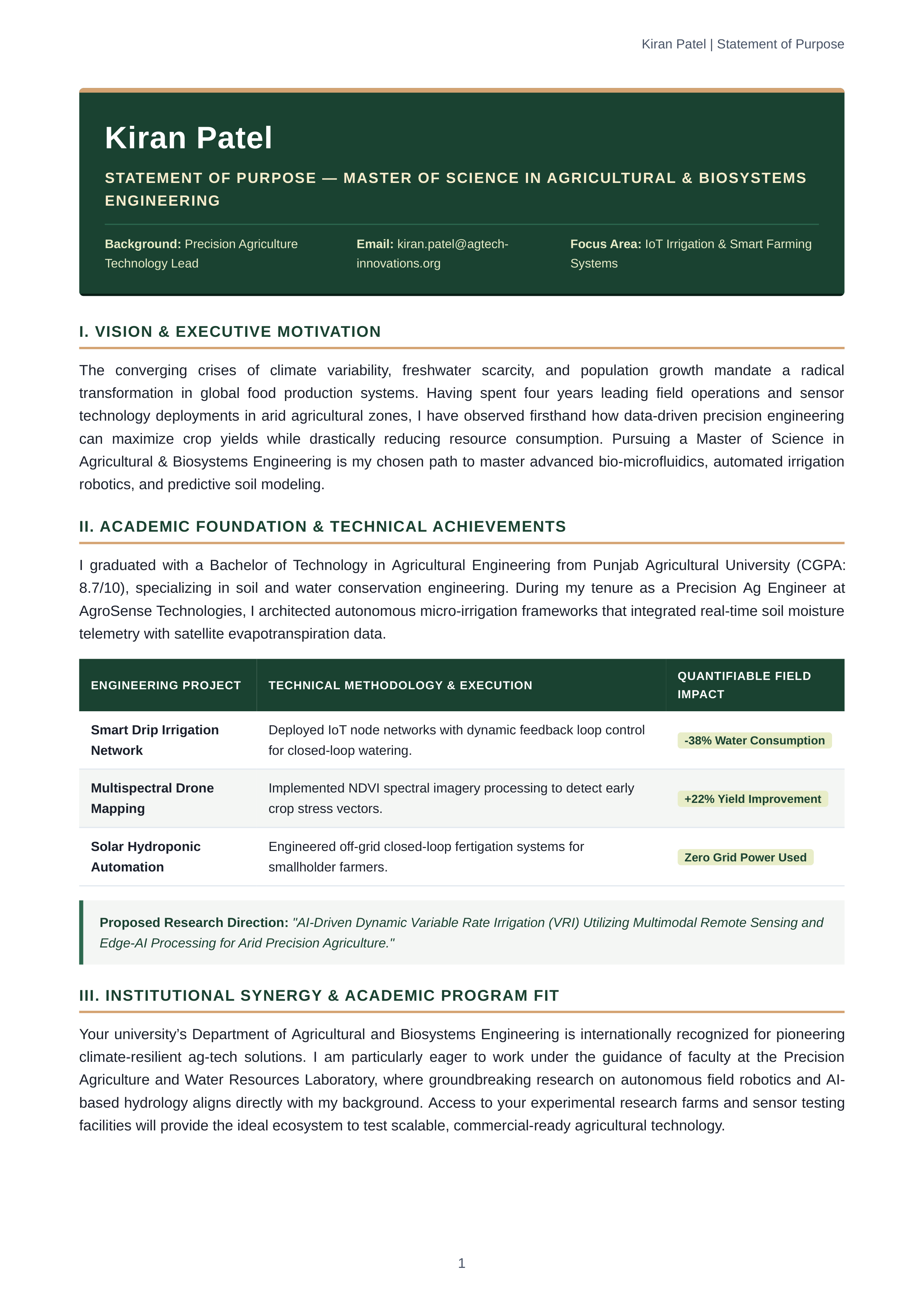 Agricultural Engineering Statement of Purpose — page 1
