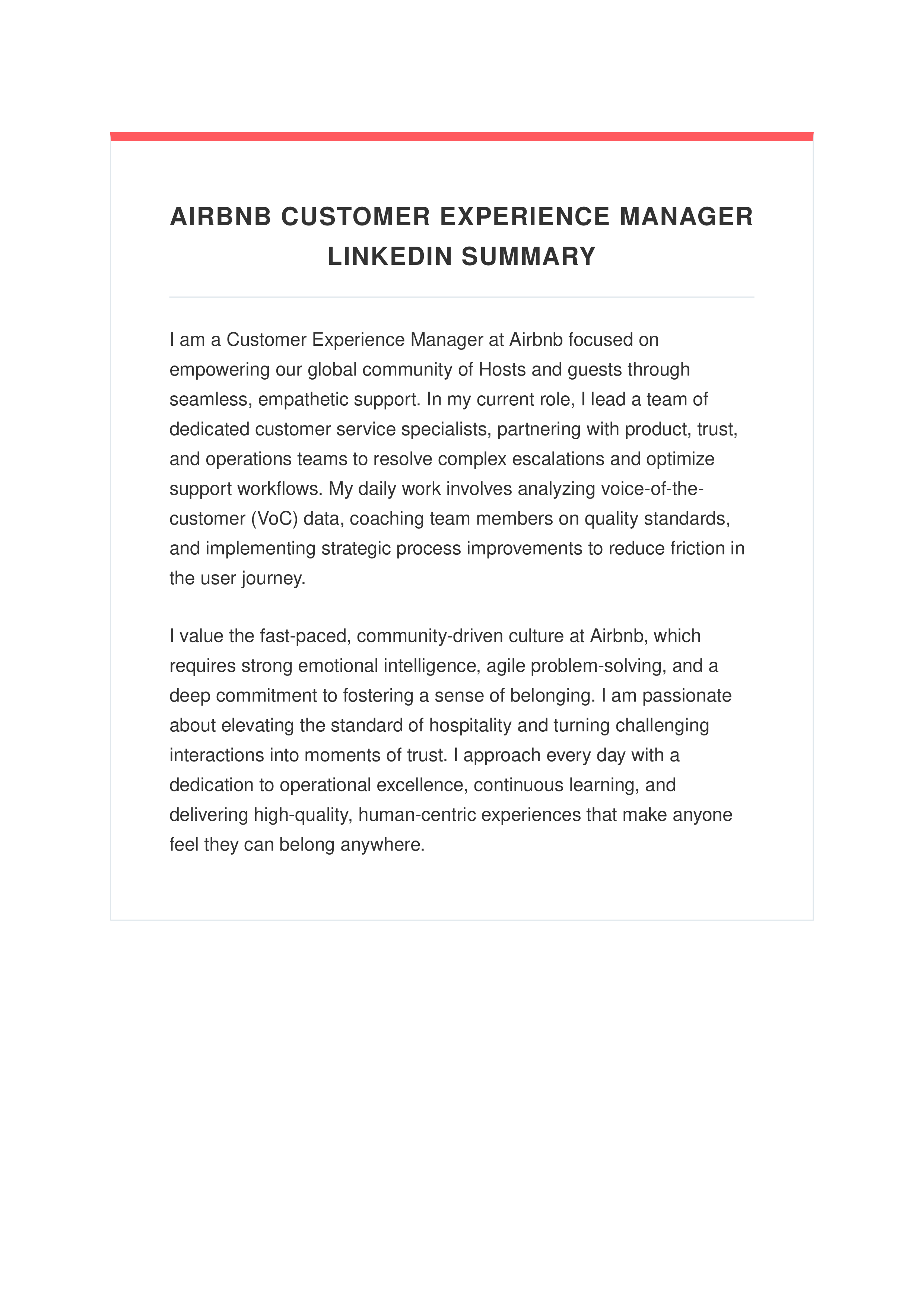 Airbnb Customer Experience Manager LinkedIn Summary — page 1