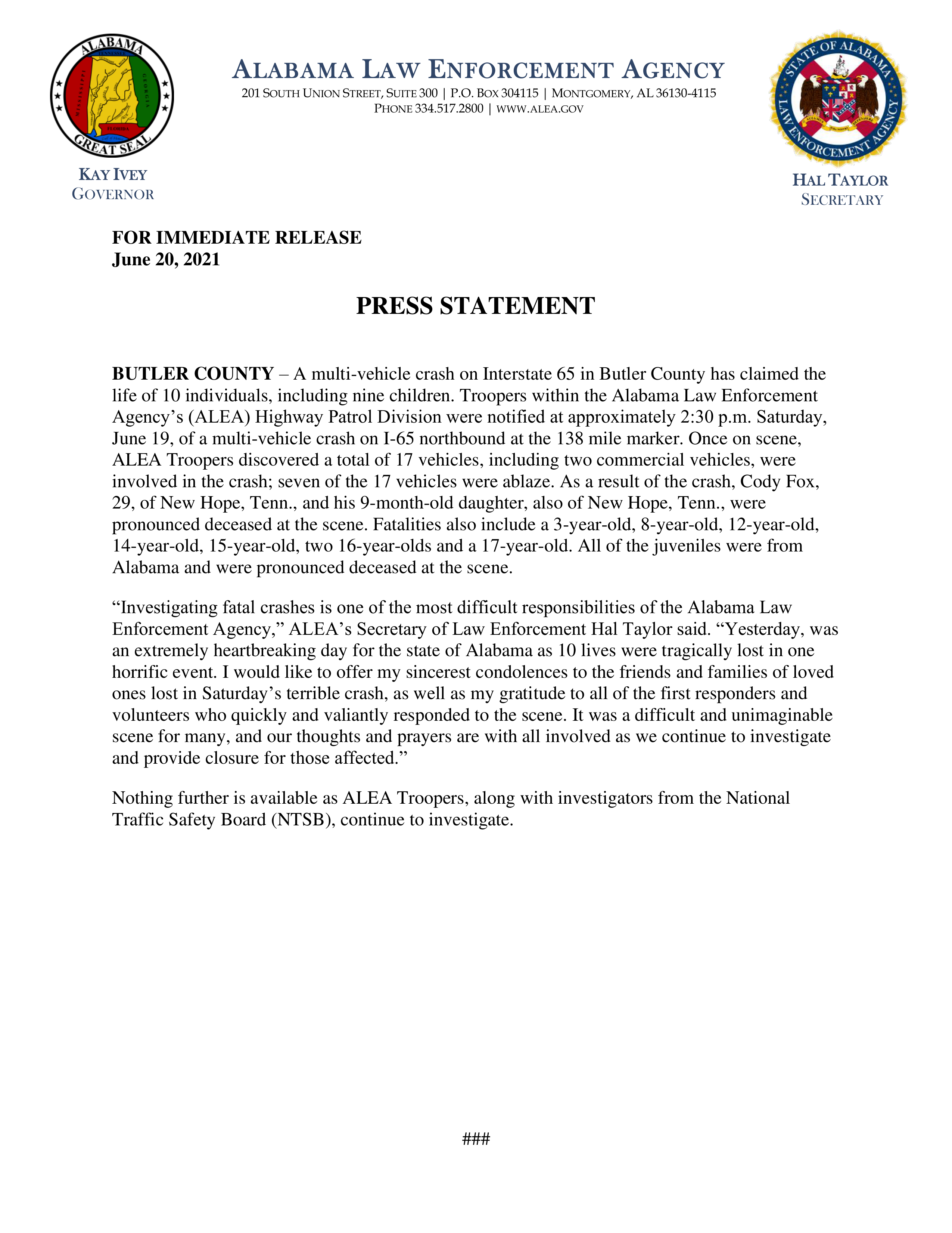 Alabama Law Enforcement Agency Press Statement — page 1