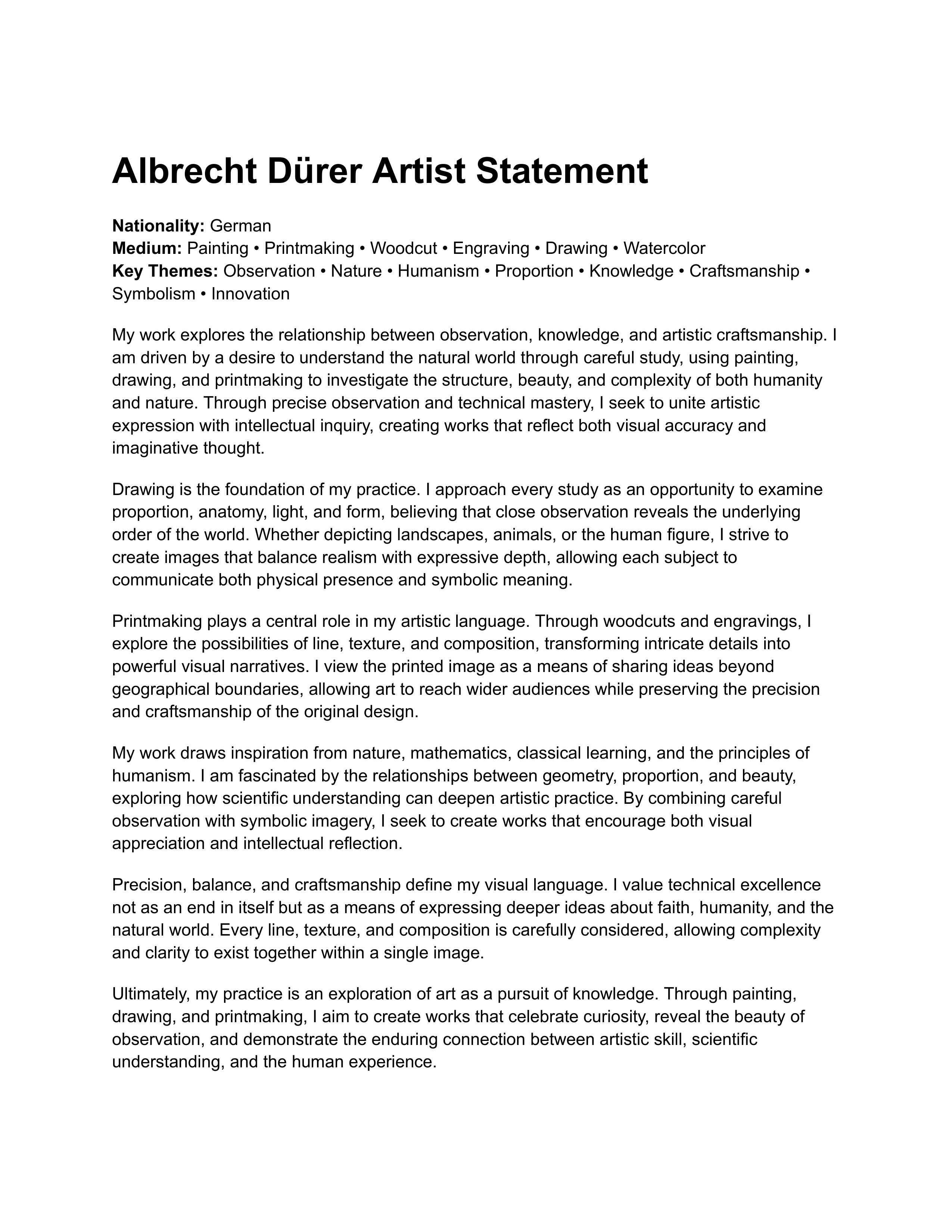 Albrecht Dürer Artist Statement — page 1