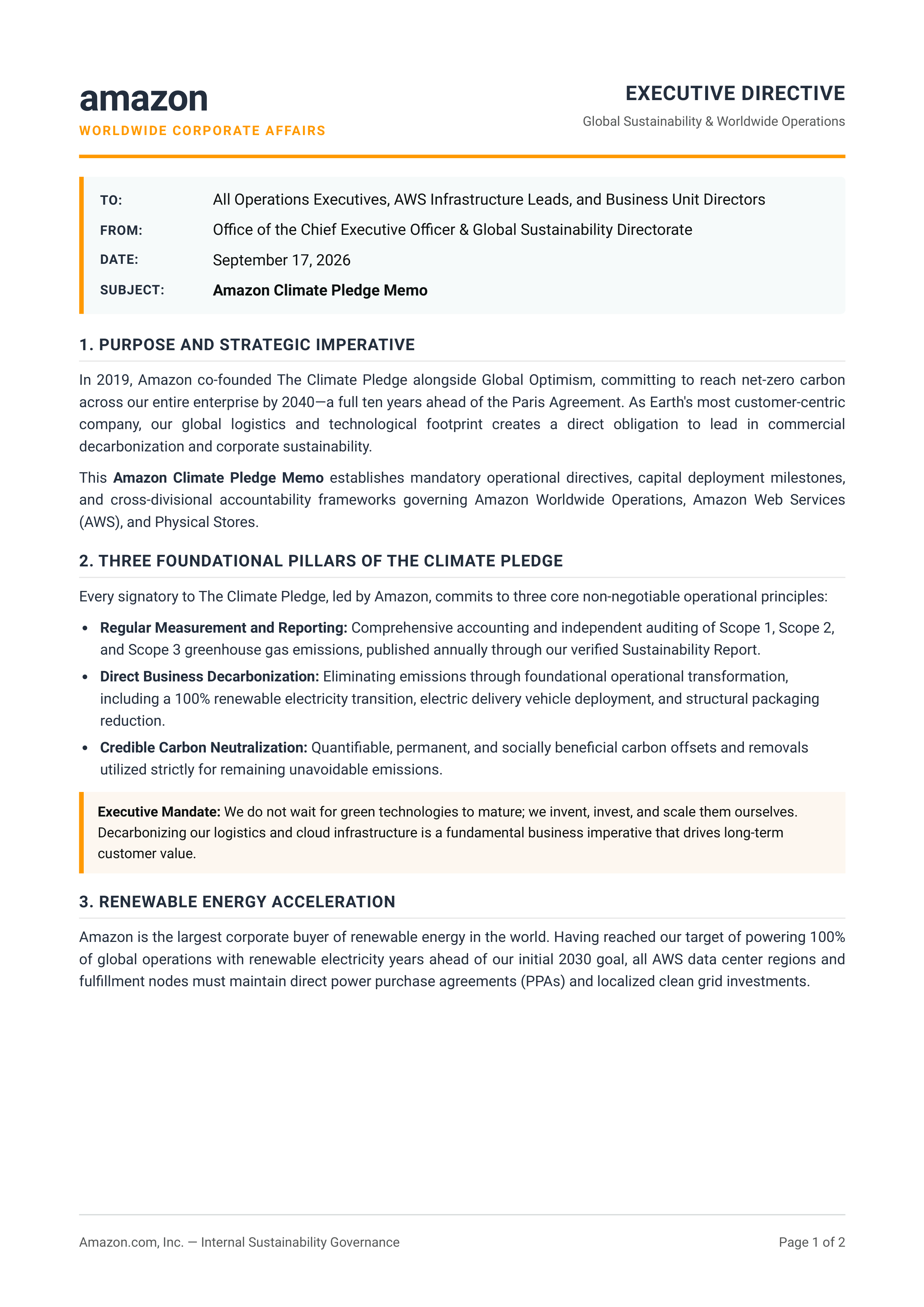 Amazon Climate Pledge Memo – AI Memo Generator | Examples.com