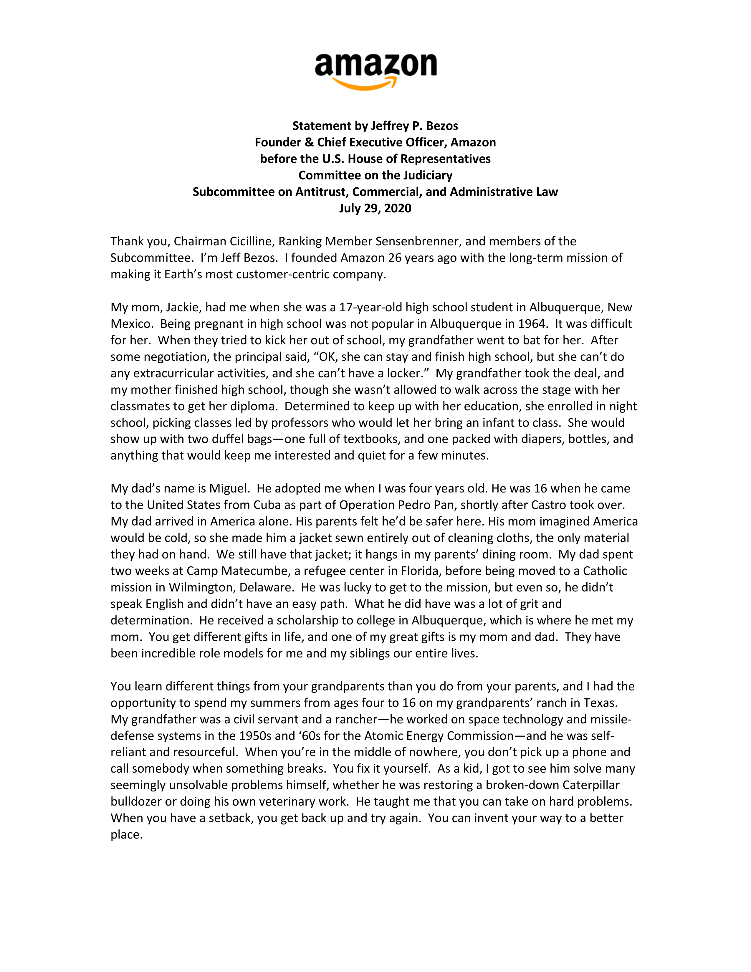 Amazon Congressional Opening Statement — page 1
