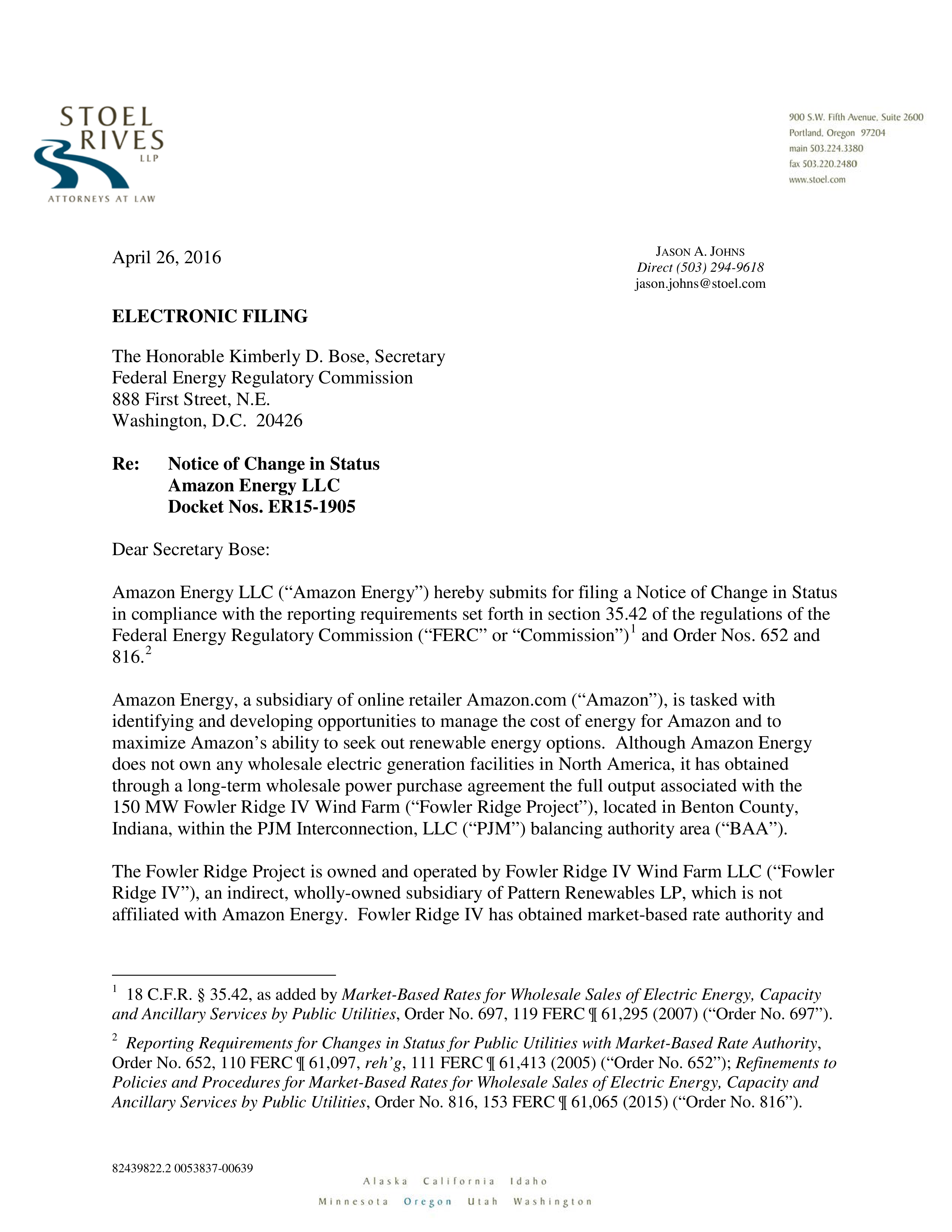 Amazon Energy LLC Notice of Change in Status — page 1