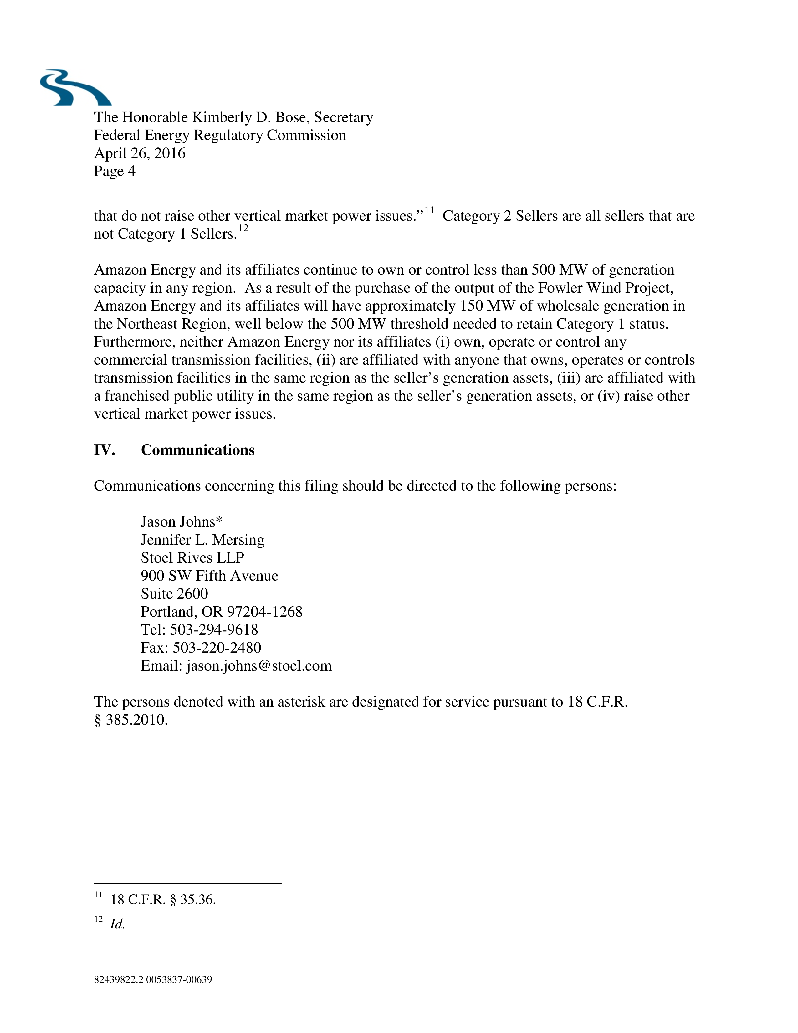 Amazon Energy LLC Notice of Change in Status — page 4
