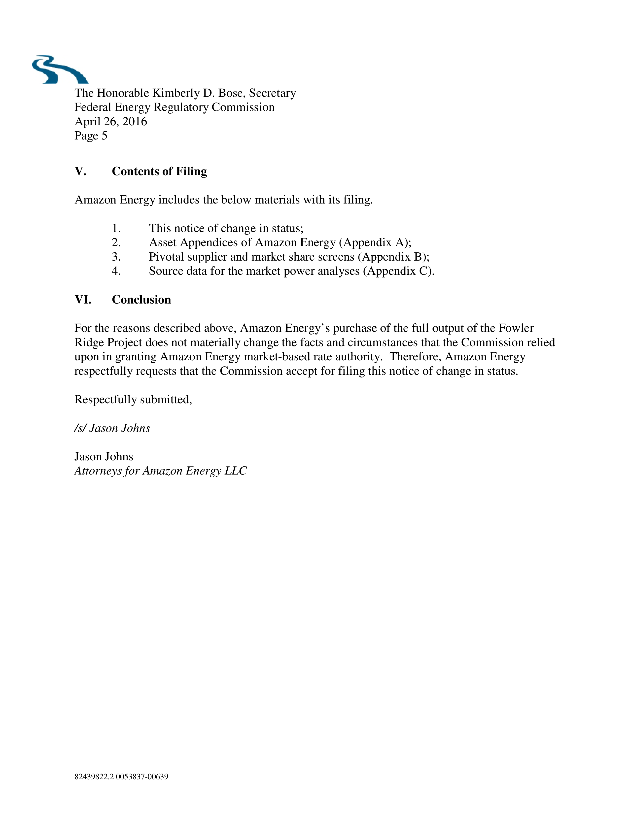 Amazon Energy LLC Notice of Change in Status — page 5