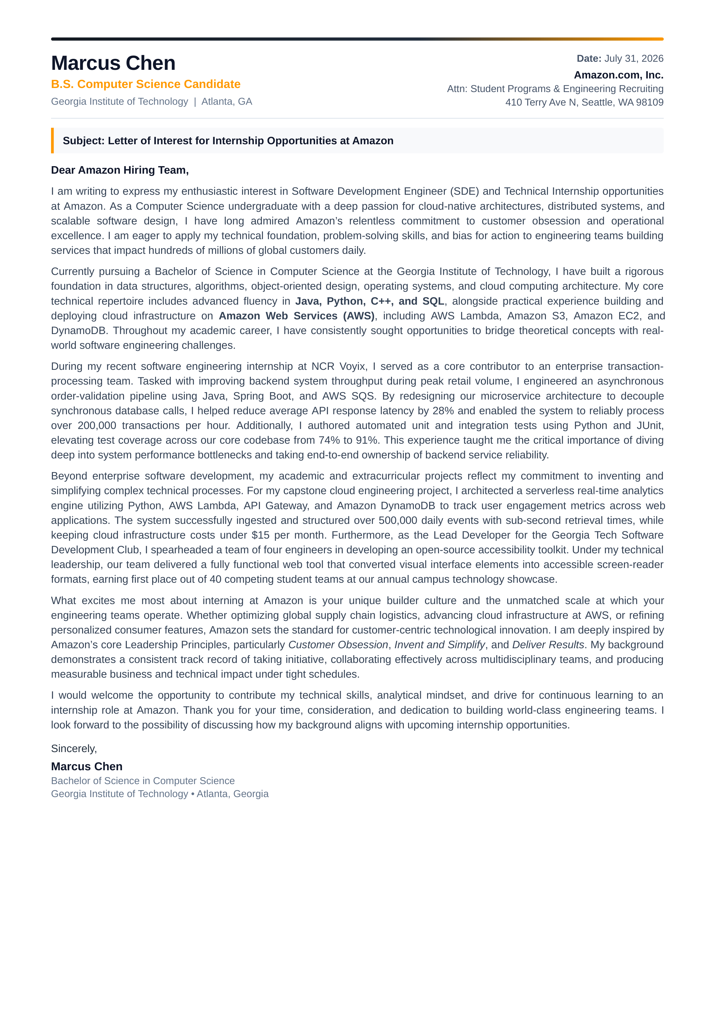 Amazon Internship Letter of Interest — page 1