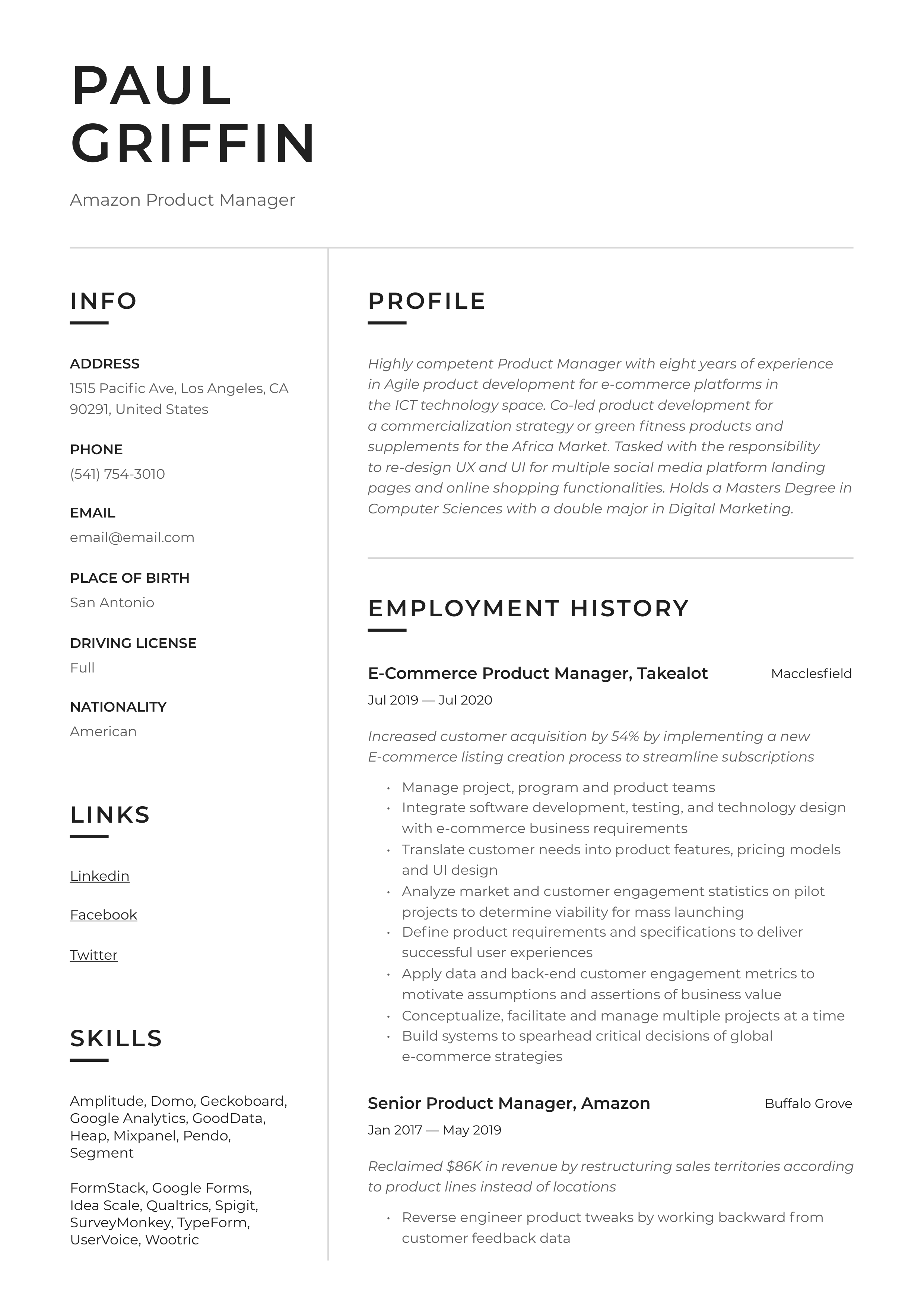 Amazon Product Manager Resume — page 1