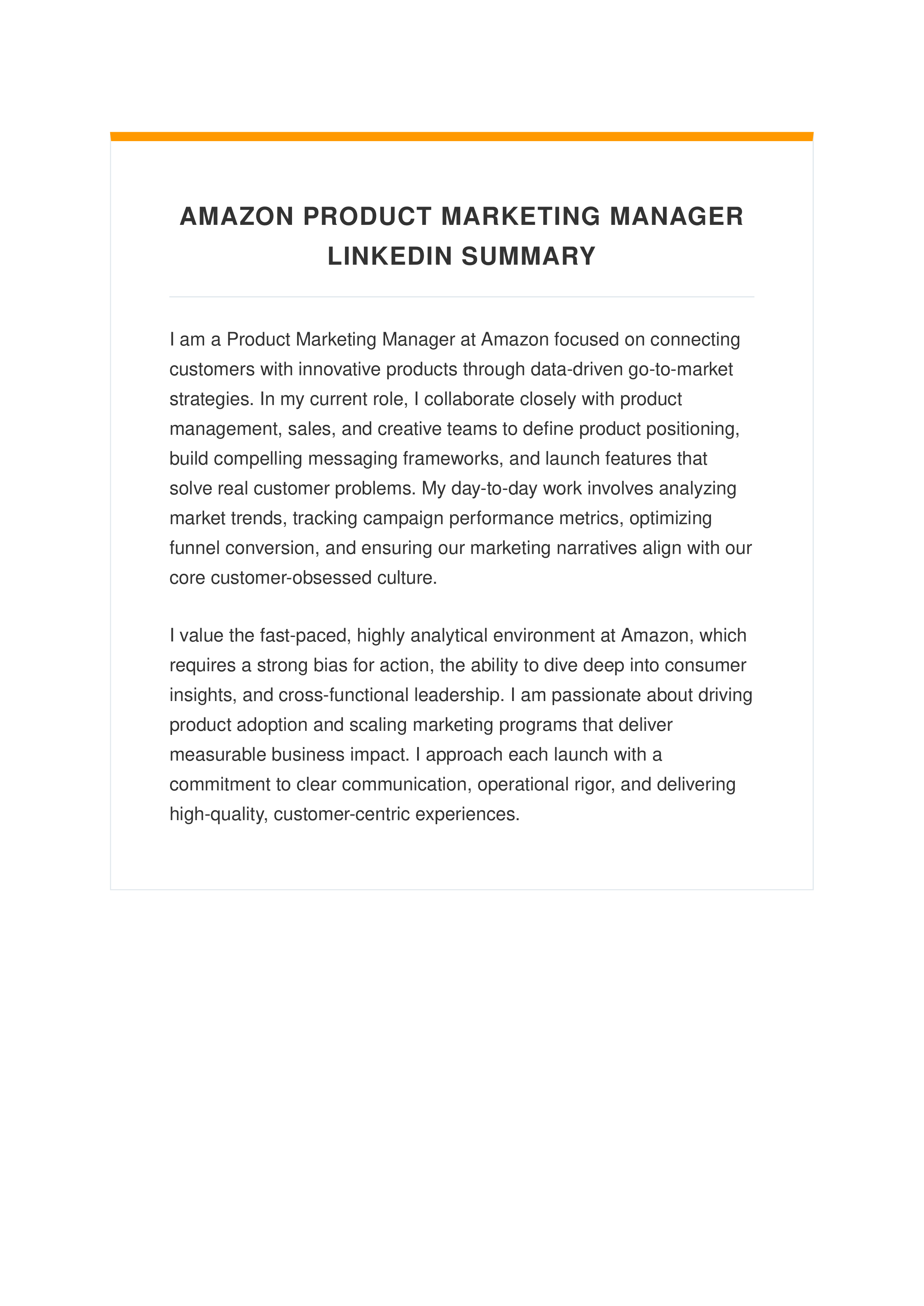 Amazon Product Marketing Manager LinkedIn Summary — page 1