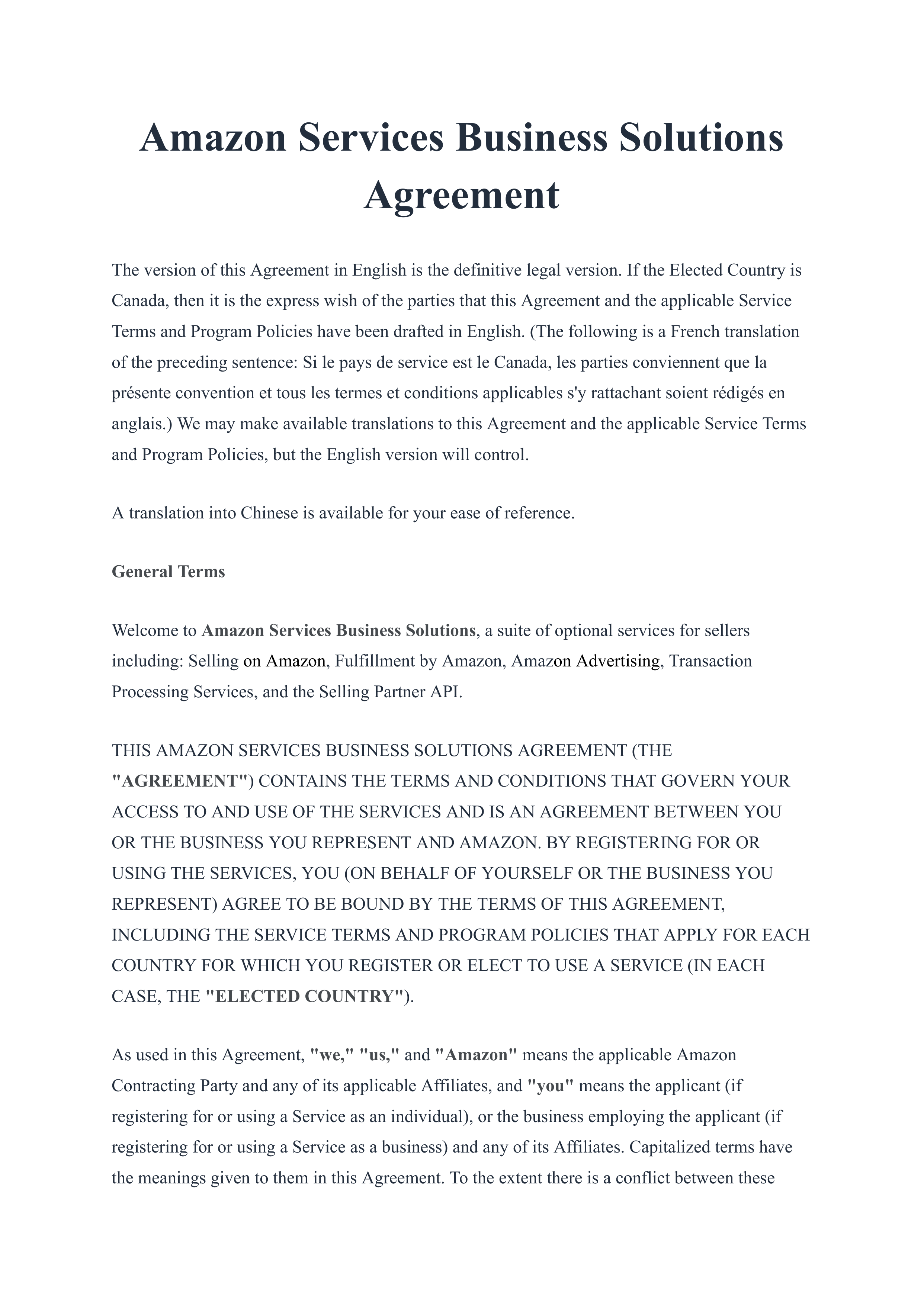 Amazon Services Business Solutions Agreement — page 1