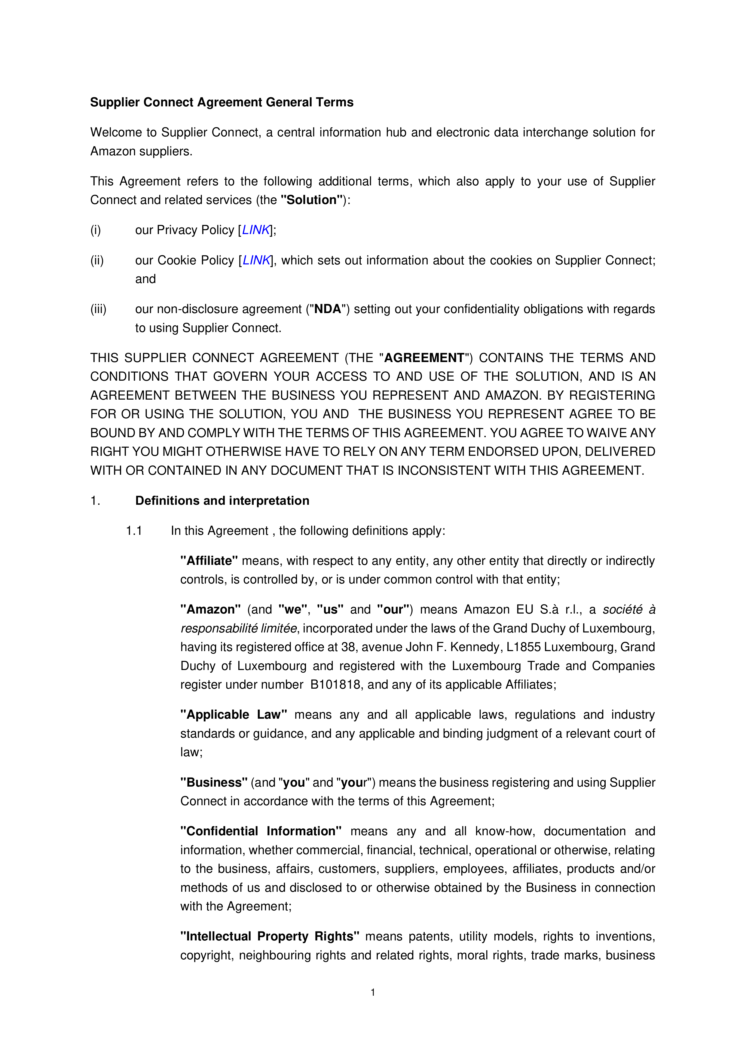 Amazon Supplier Connect Agreement — page 1
