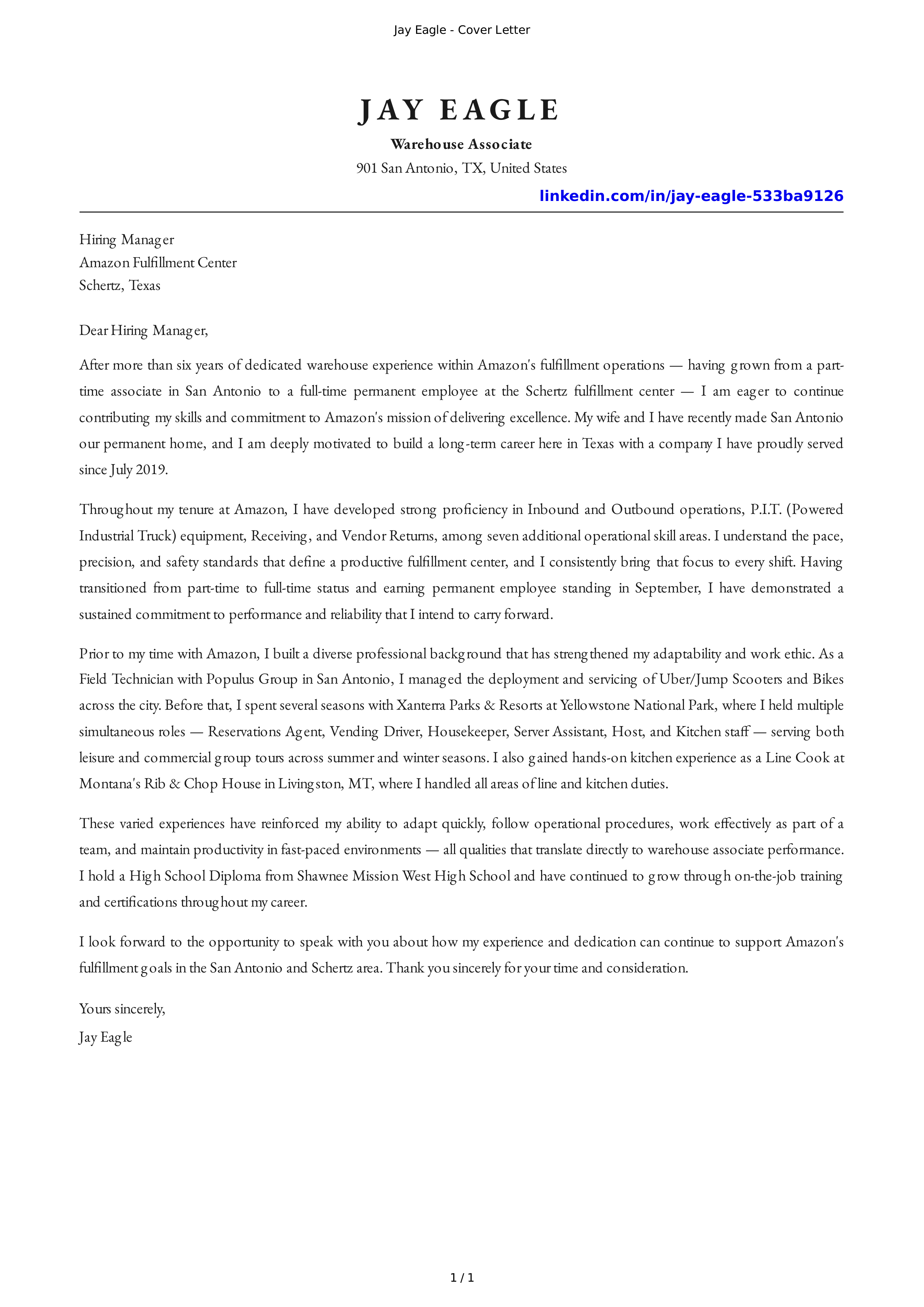 Amazon Warehouse Associate Cover Letter — page 1