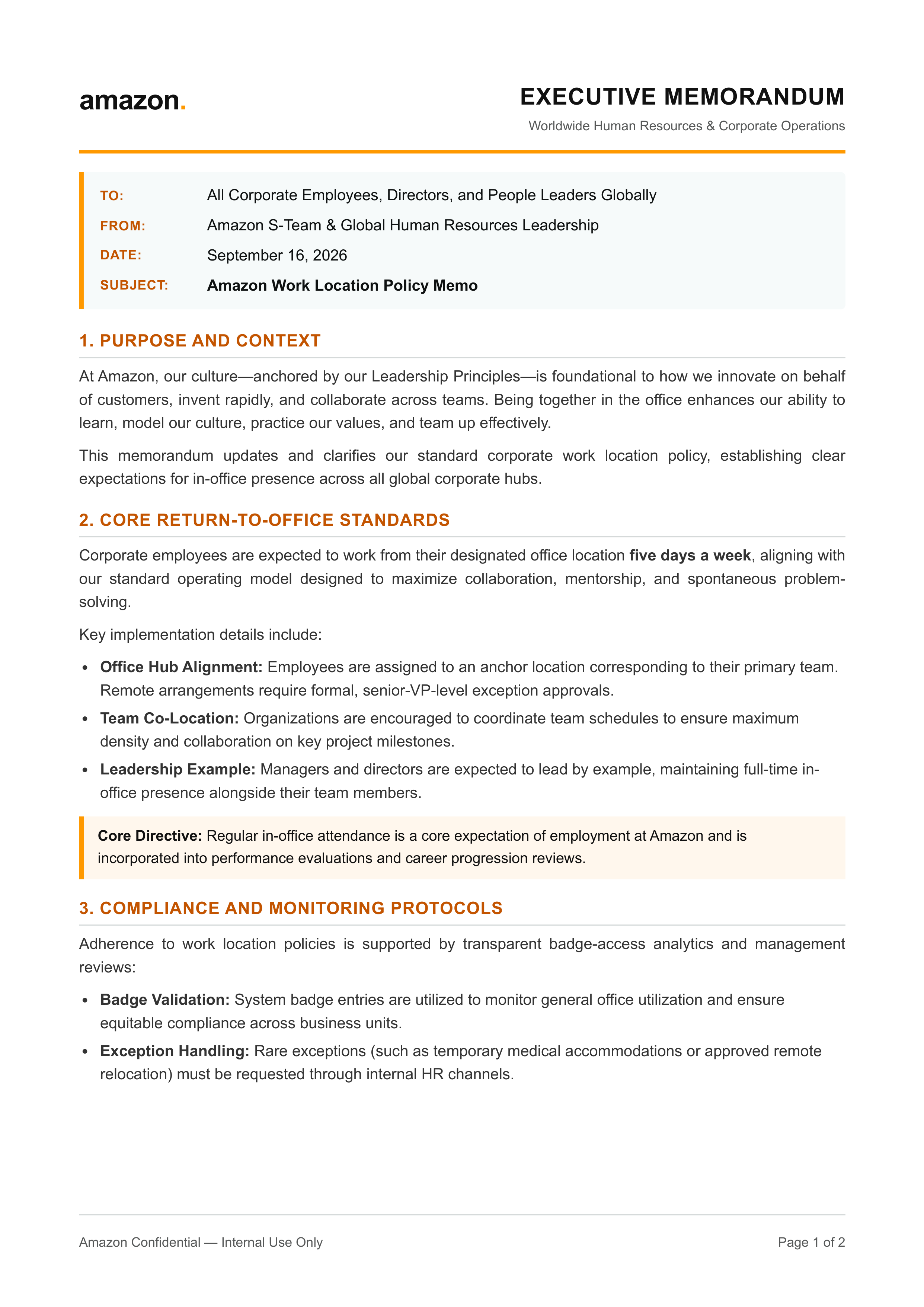 Amazon Work Location Policy Memo — page 1