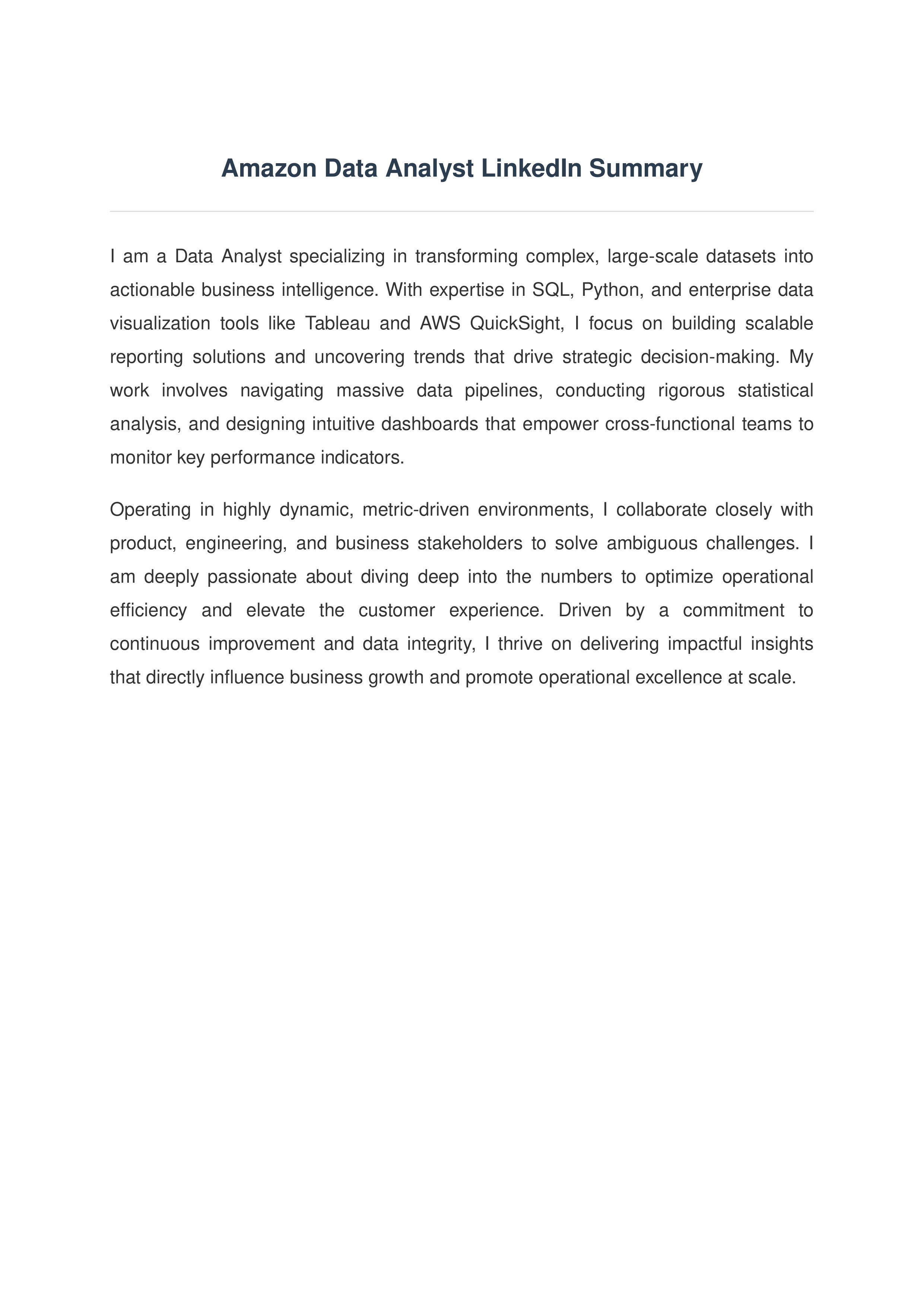 Amazon Data Analyst LinkedIn Summary — page 1