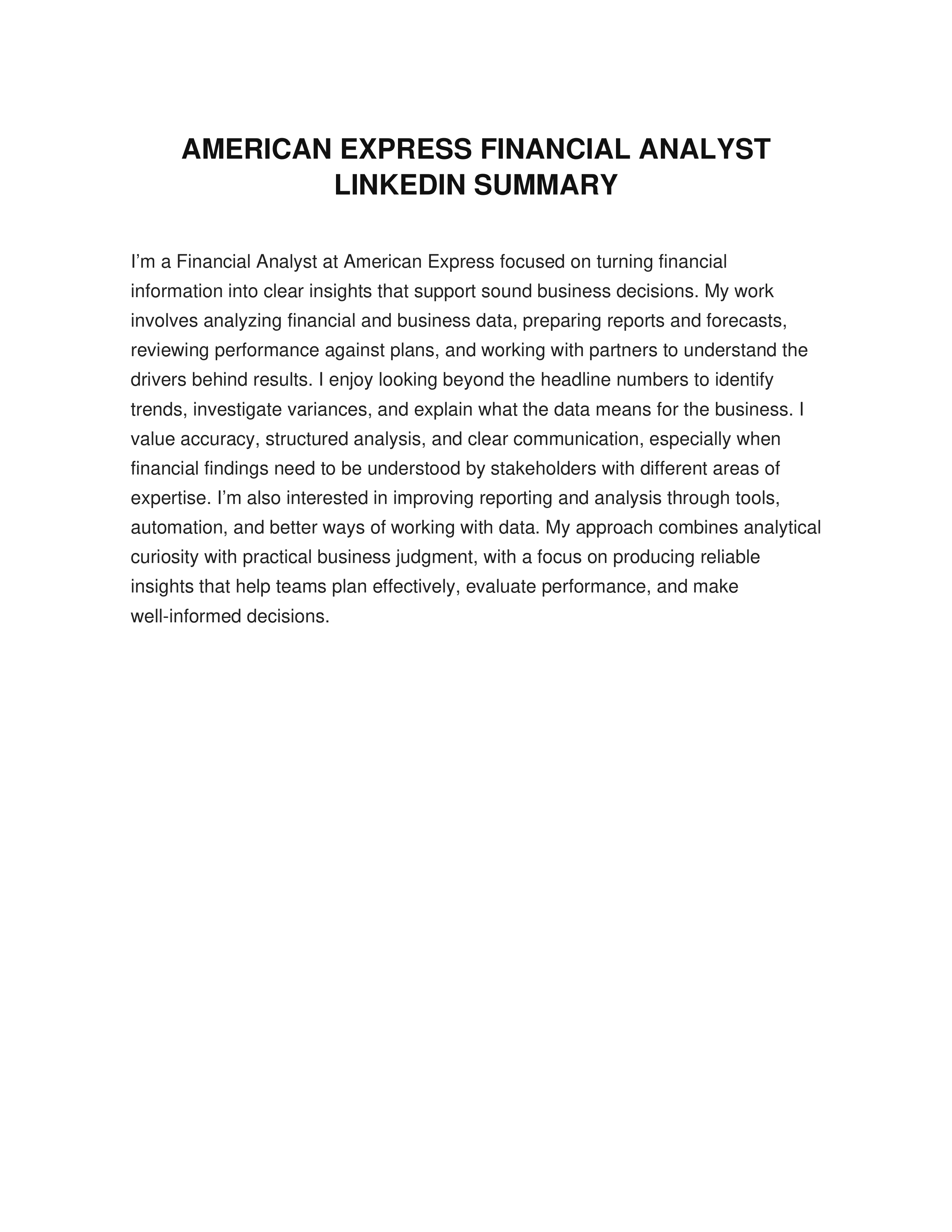American Express Financial Advisor LinkedIn Summary — page 1