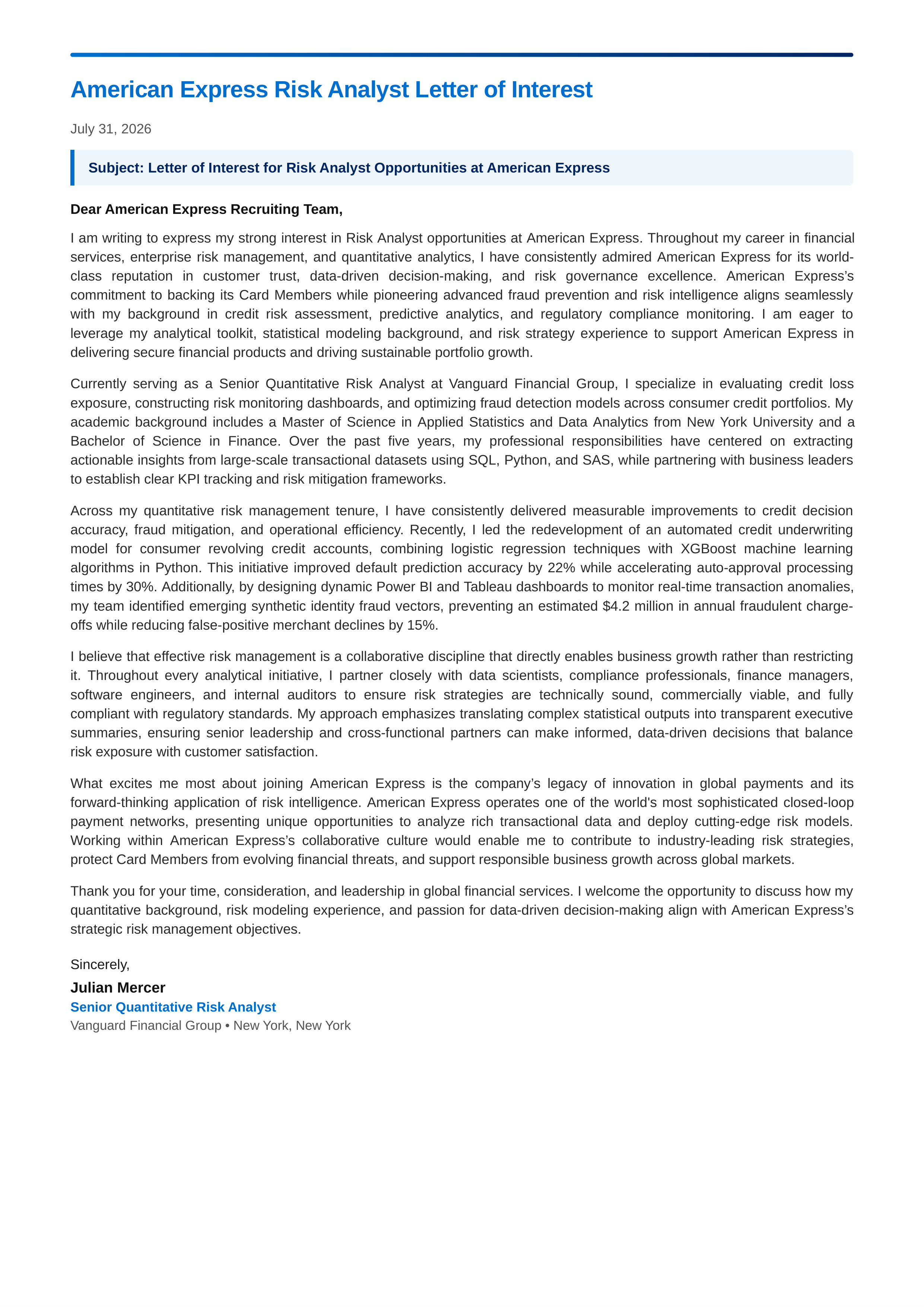 American Express Risk Analyst Letter of Interest — page 1