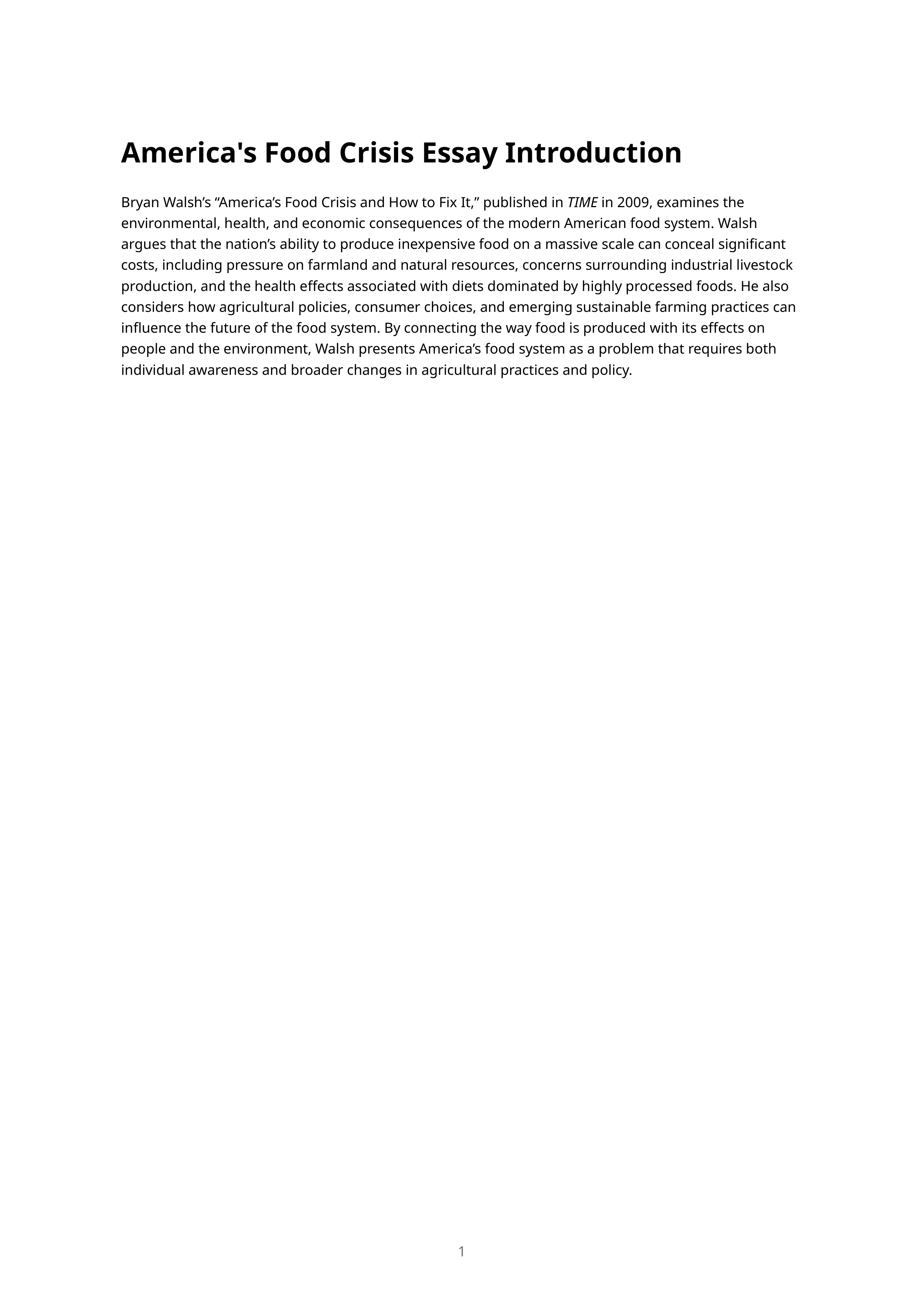 America's Food Crisis Essay Introduction — page 1