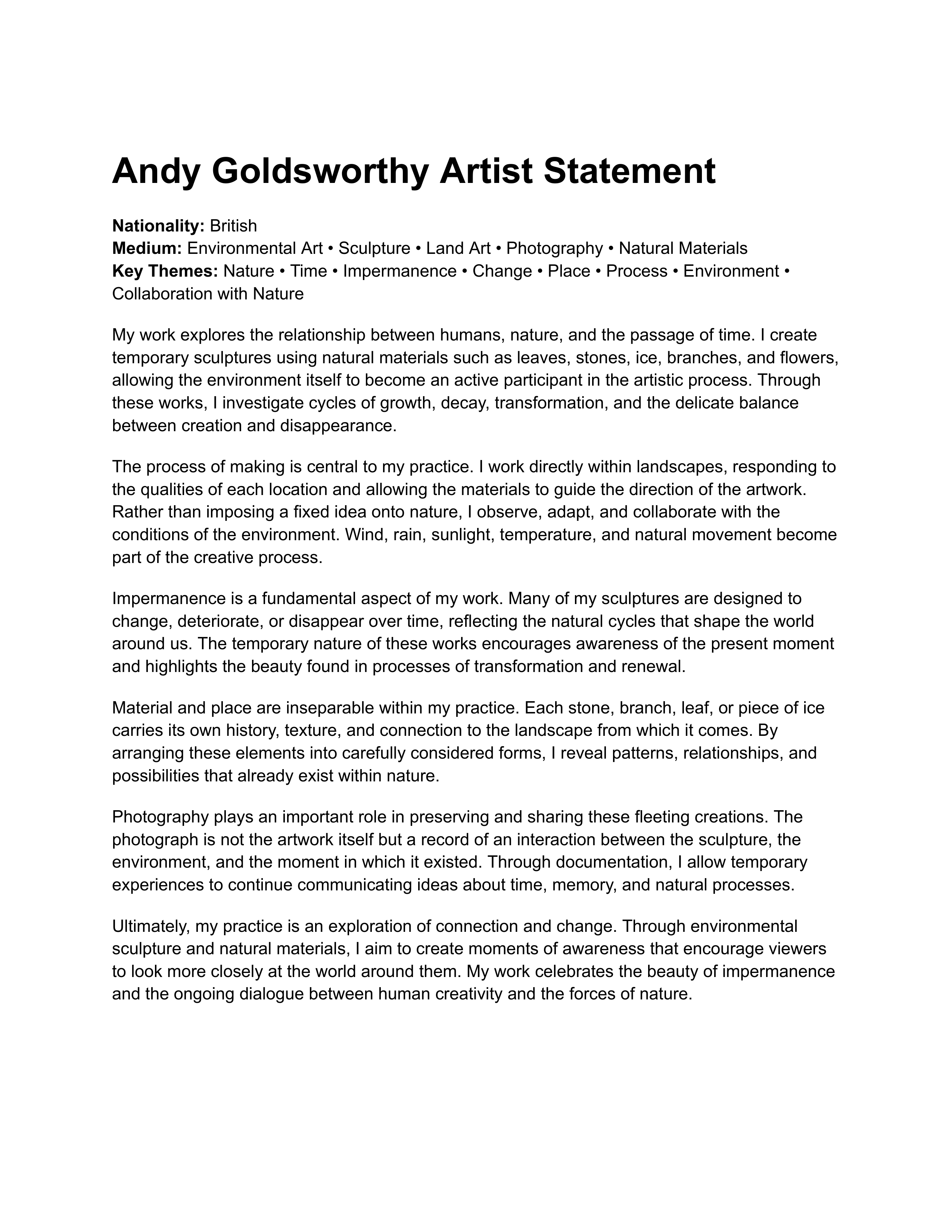 Andy Goldsworthy Artist Statement — page 1