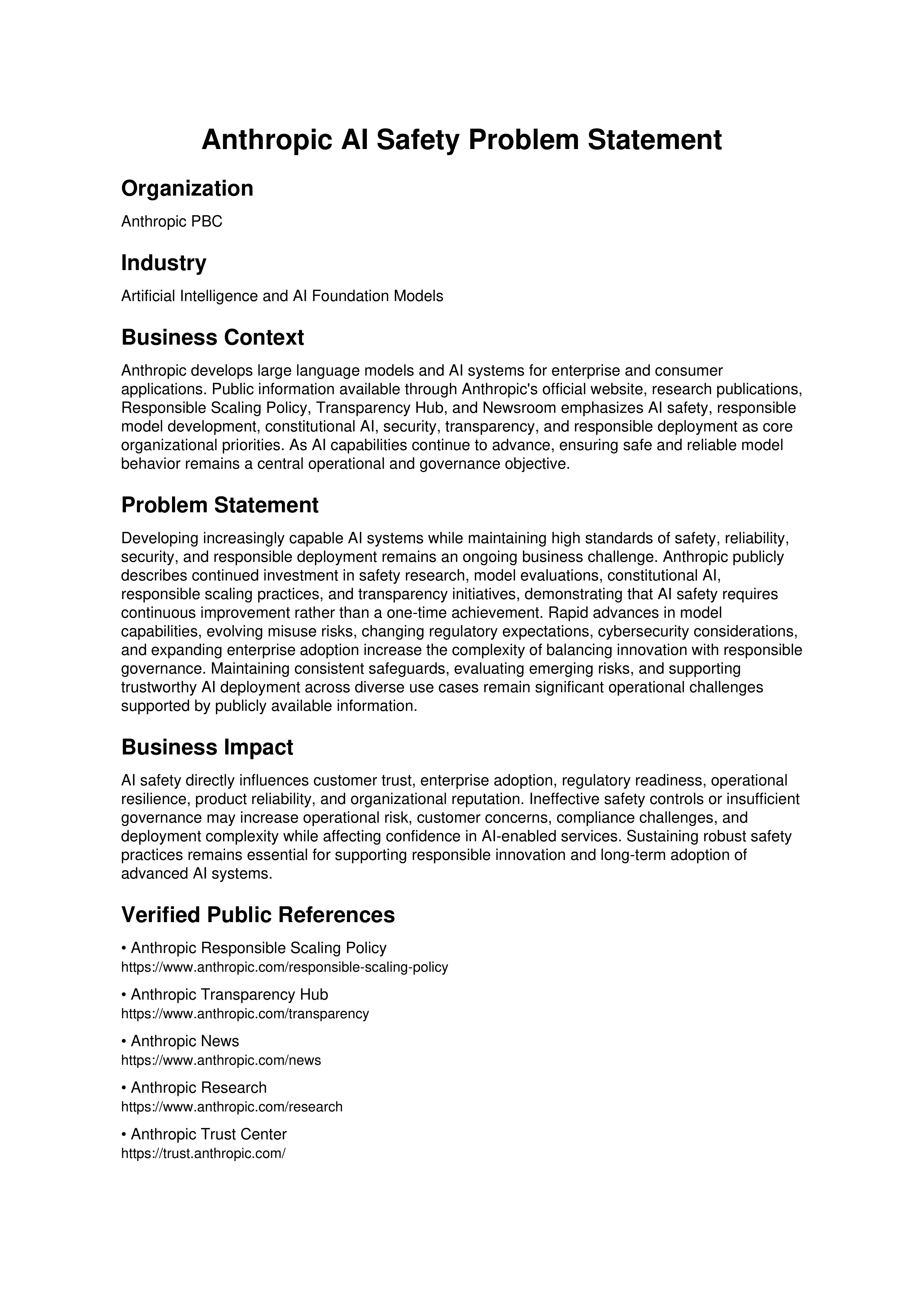 Anthropic AI Safety Problem Statement — page 1